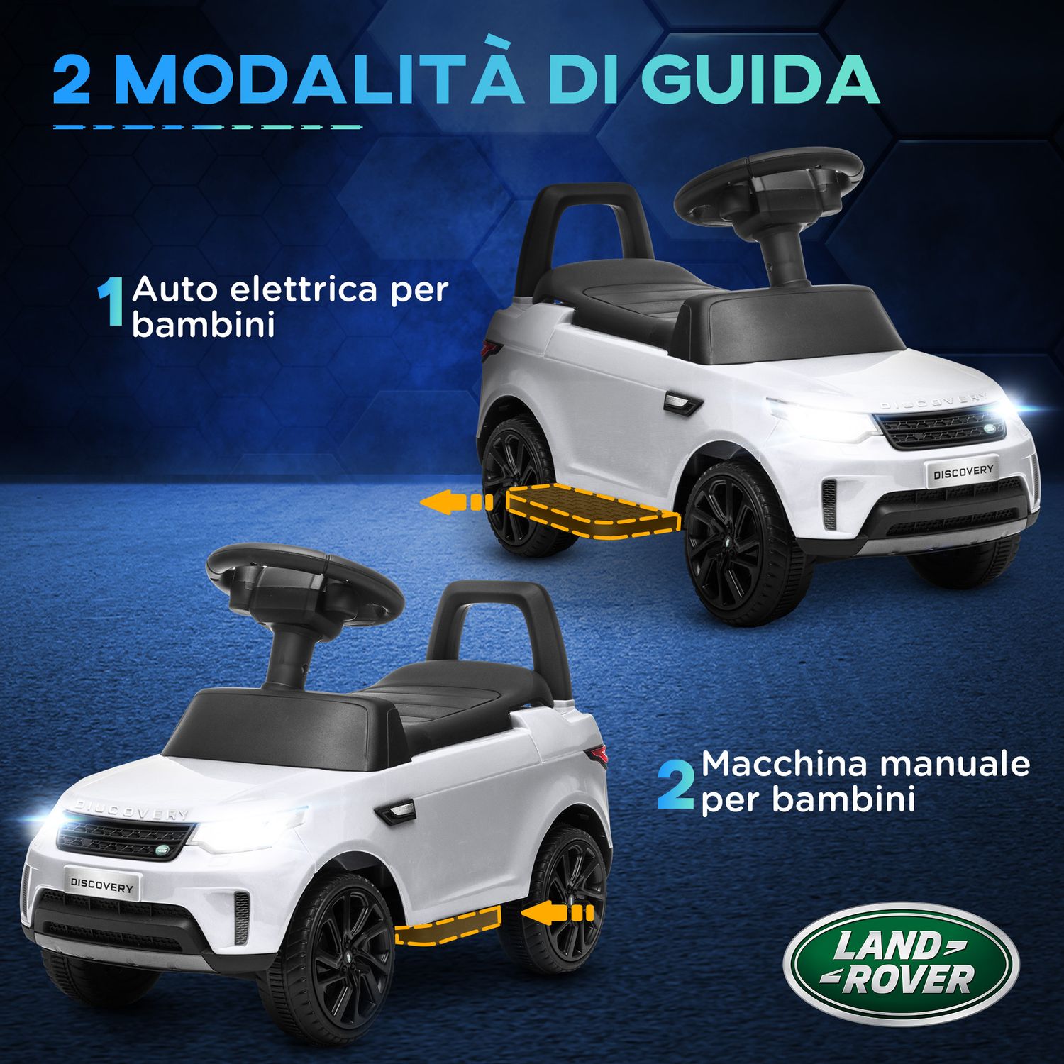 Macchina per bambini con licenza land rover 6v, funzionamento elettrico e a spinta, velocità 3km/h, bianco - 