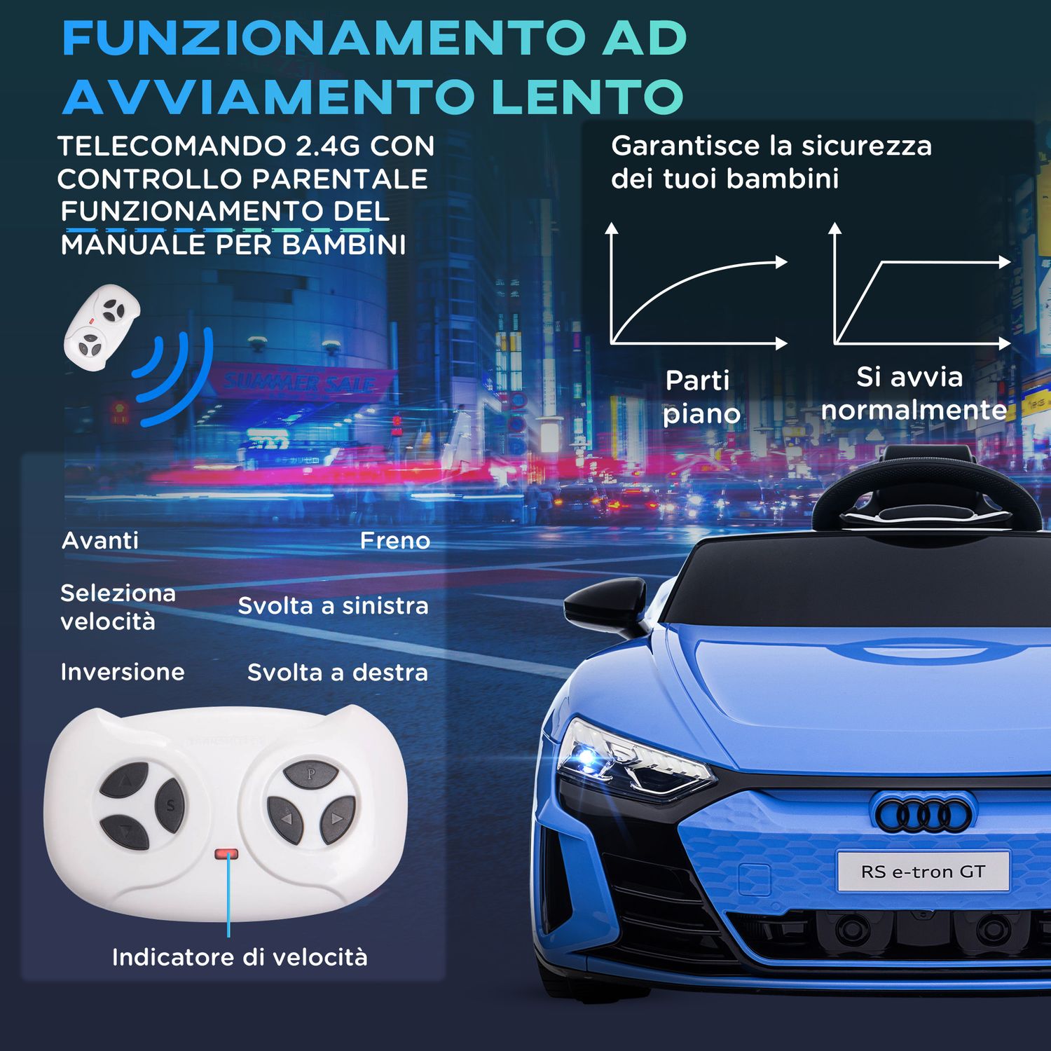 Auto elettrica per bambini 3-5 anni con telecomando, sospensioni e clacson, 103x58x41 cm, blu e nero - 