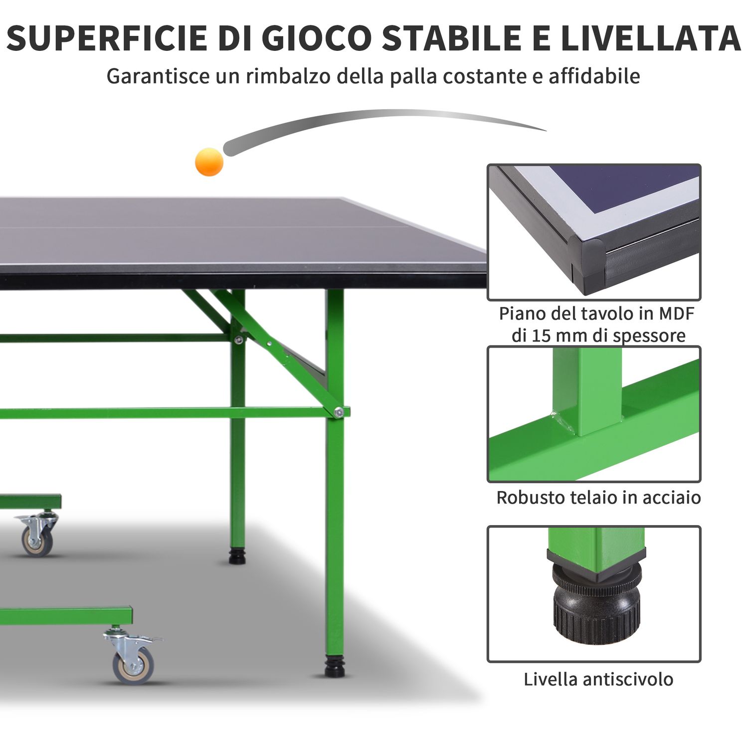 Tavolo da ping pong pieghevole interno con 8 ruote 152.5 × 274 × 76cm - 