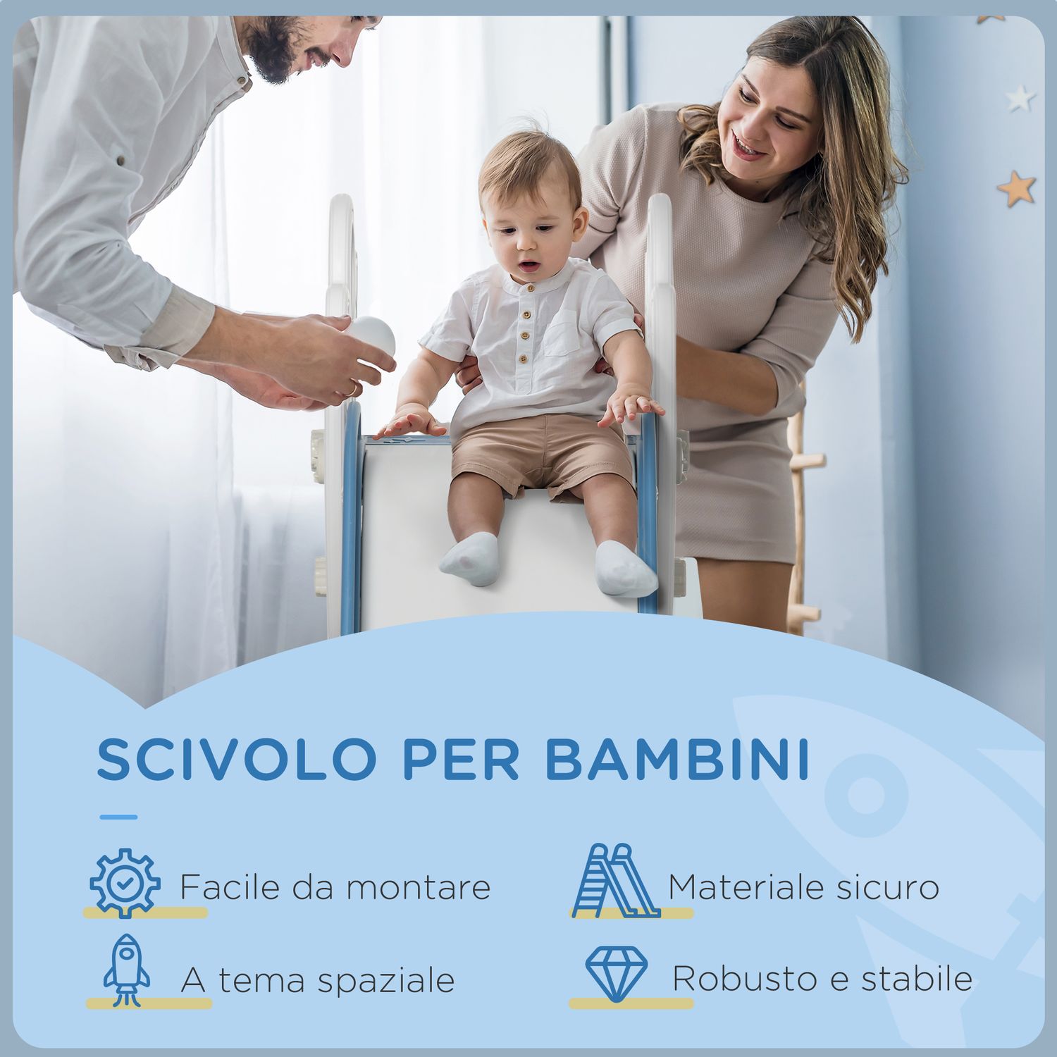 Scivolo per bambini 18-36 mesi in pe e pp a tema spaziale con scale antiscivolo, 157x46.5x80 cm - 