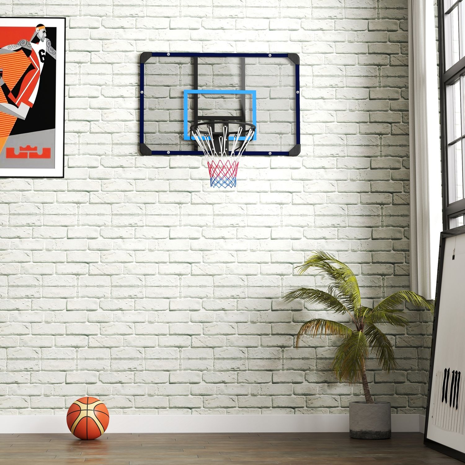 Canestro basket da muro con tabellone infrangibile e cerchio in acciaio, 113x61x73 cm - 
