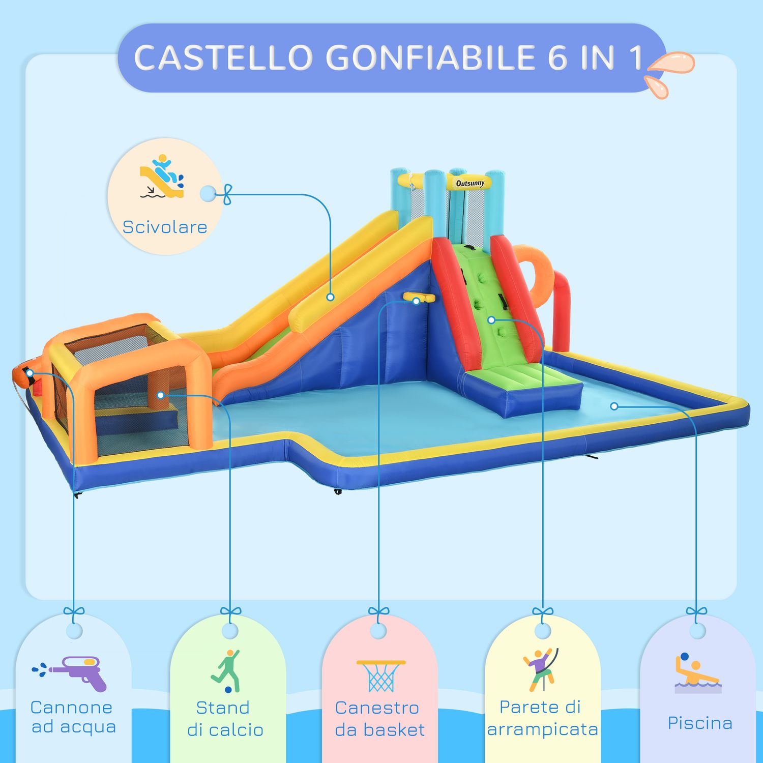 Castello gonfiabile per bambini 3-8 anni con scivolo, parete, porta e canestro, in tessuto oxford, 590x460x220 cm - 