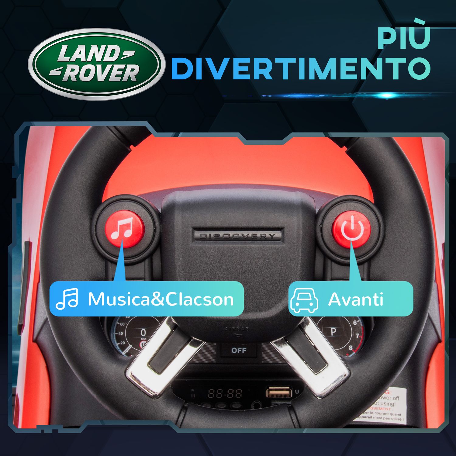 Macchina per bambini con licenza land rover 6v, funzionamento elettrico e a spinta, velocità 3km/h, rosso - 