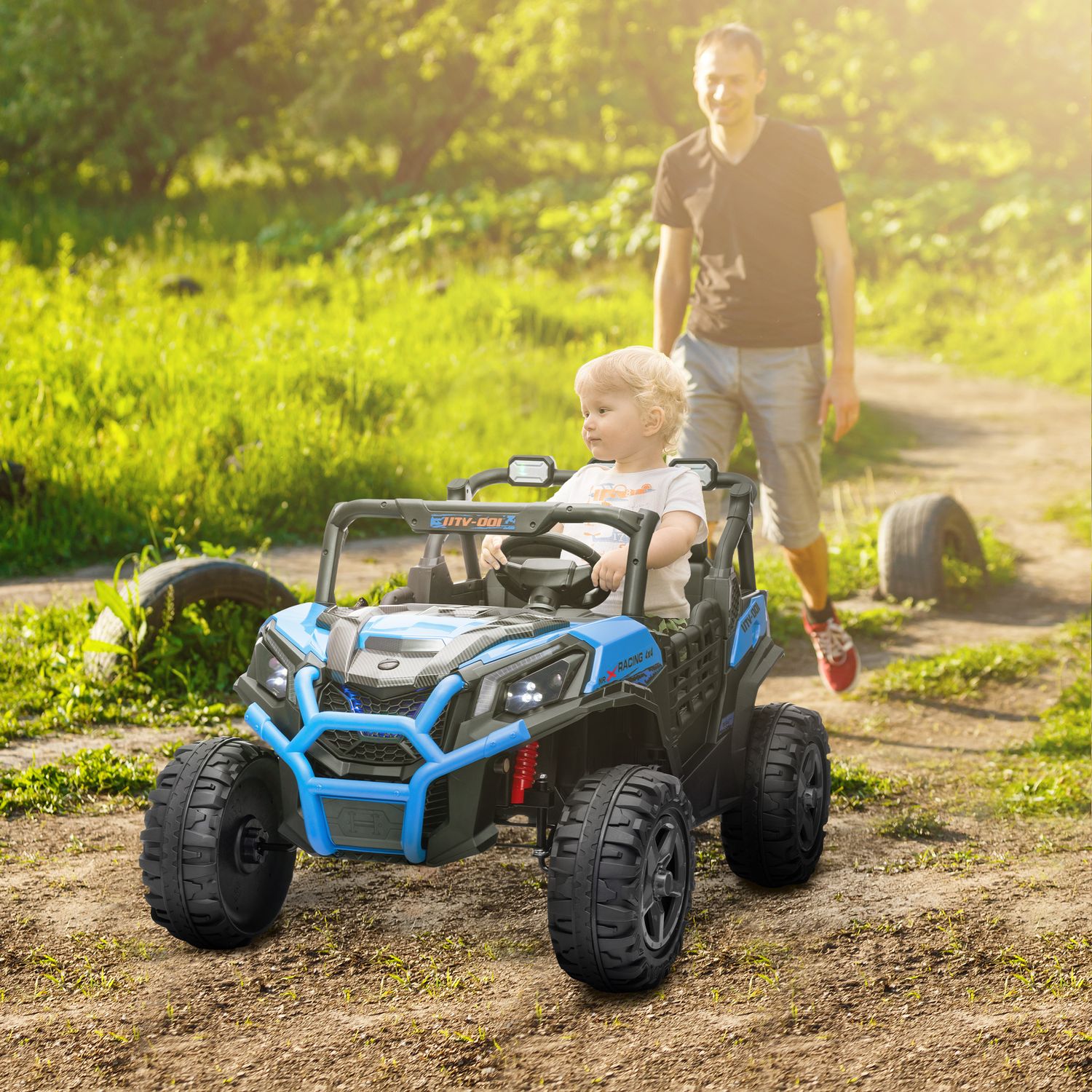 Macchina elettrica per bambini 24v a 2 posti con telecomando e 3 velocità, età 3-8 anni, blu - 