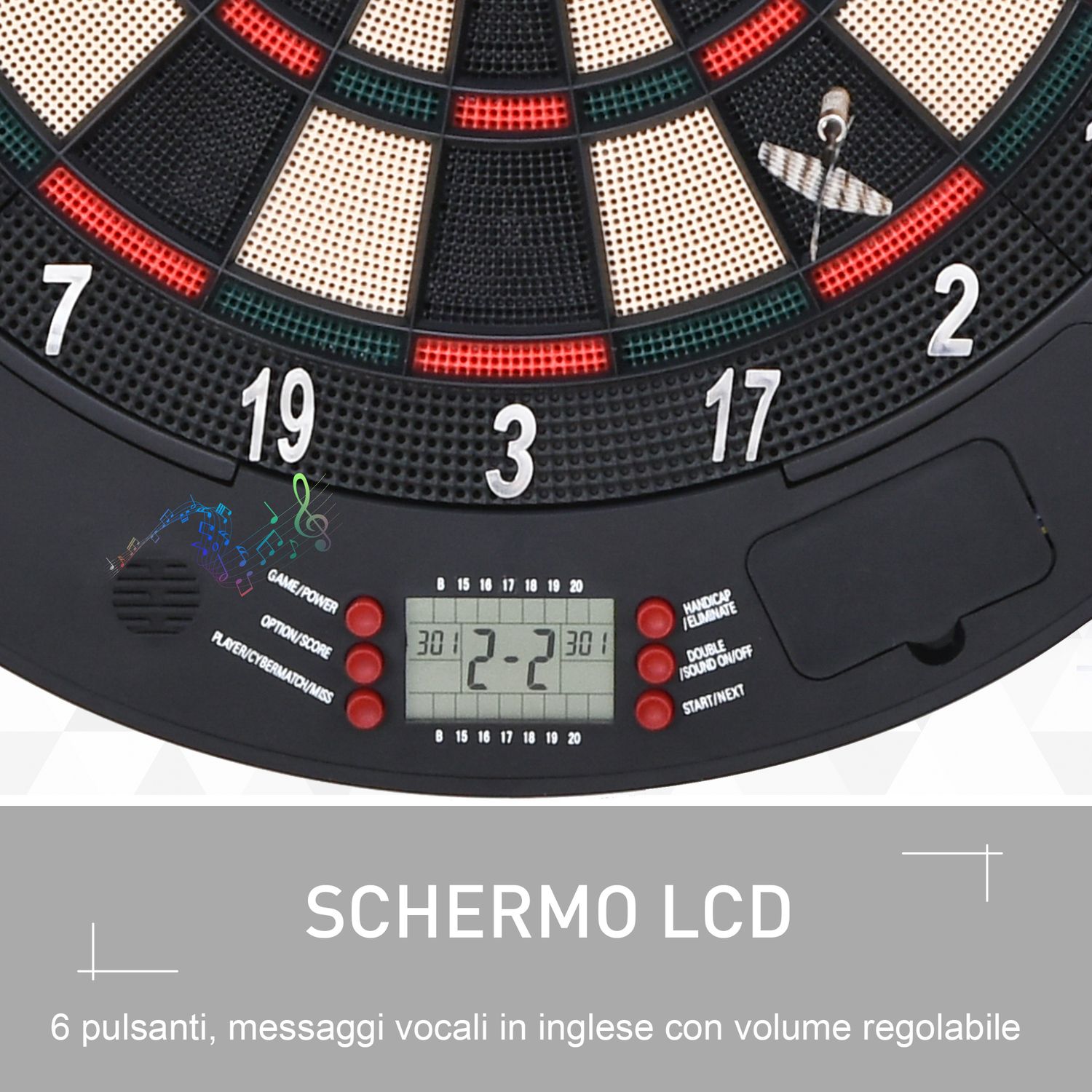 Bersaglio freccette elettronico per 8 giocatori con 6 freccette, schermo lcd, 2 porte e 26 modalità di gioco - 