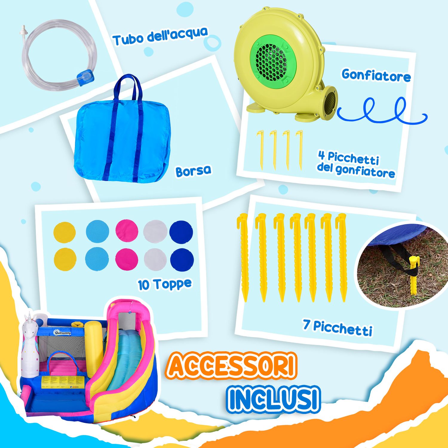 Castello gonfiabile per bambini con scivolo, piscina e canestro da basket, gioco gonfiabile gigante e rimbalzante per 3 bambini, 360x305x210 cm - 