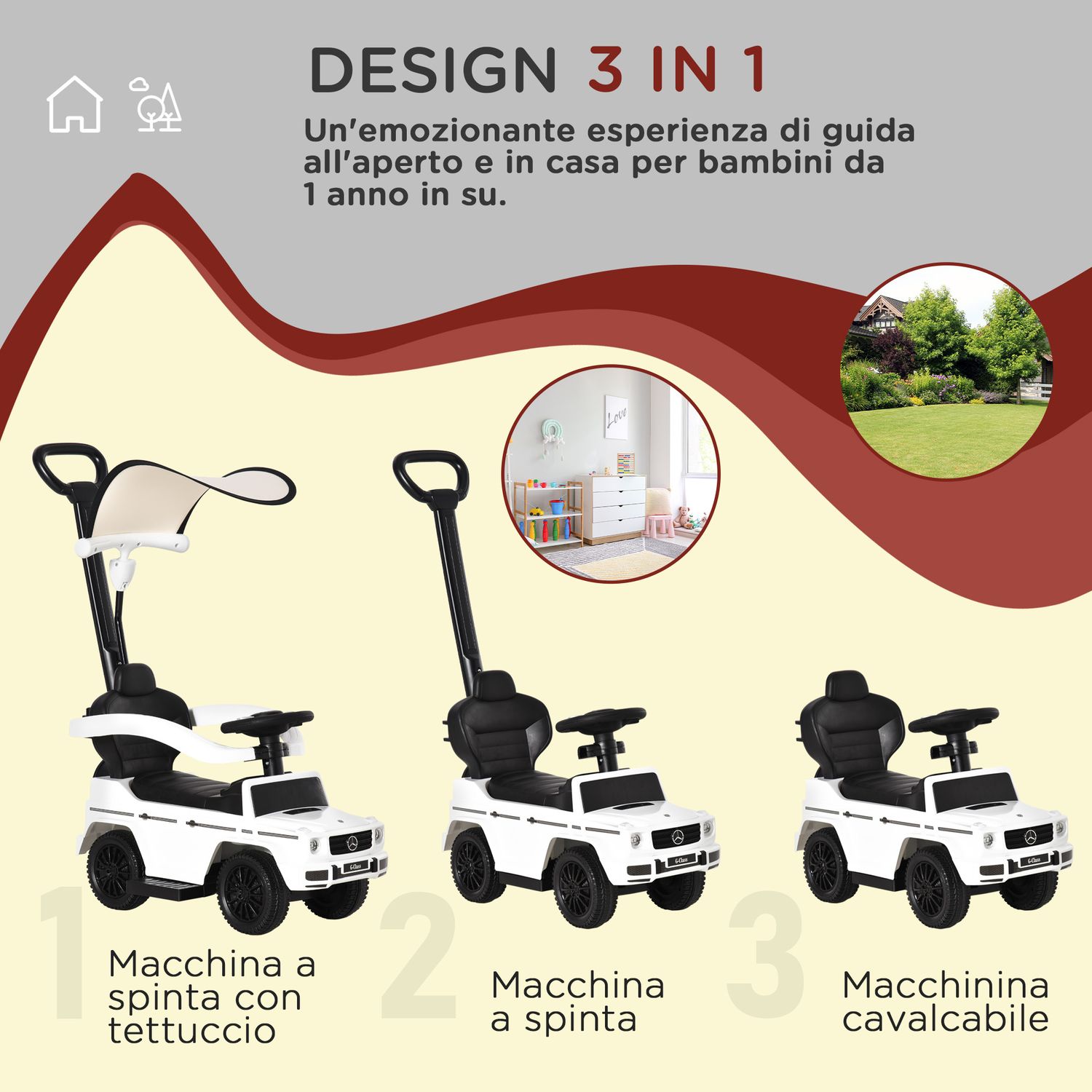 Macchina a spinta per bambini 12-36 mesi con licenza mercedes, tettuccio e maniglia di spinta, 85.5x40.5x95 cm, bianco - 