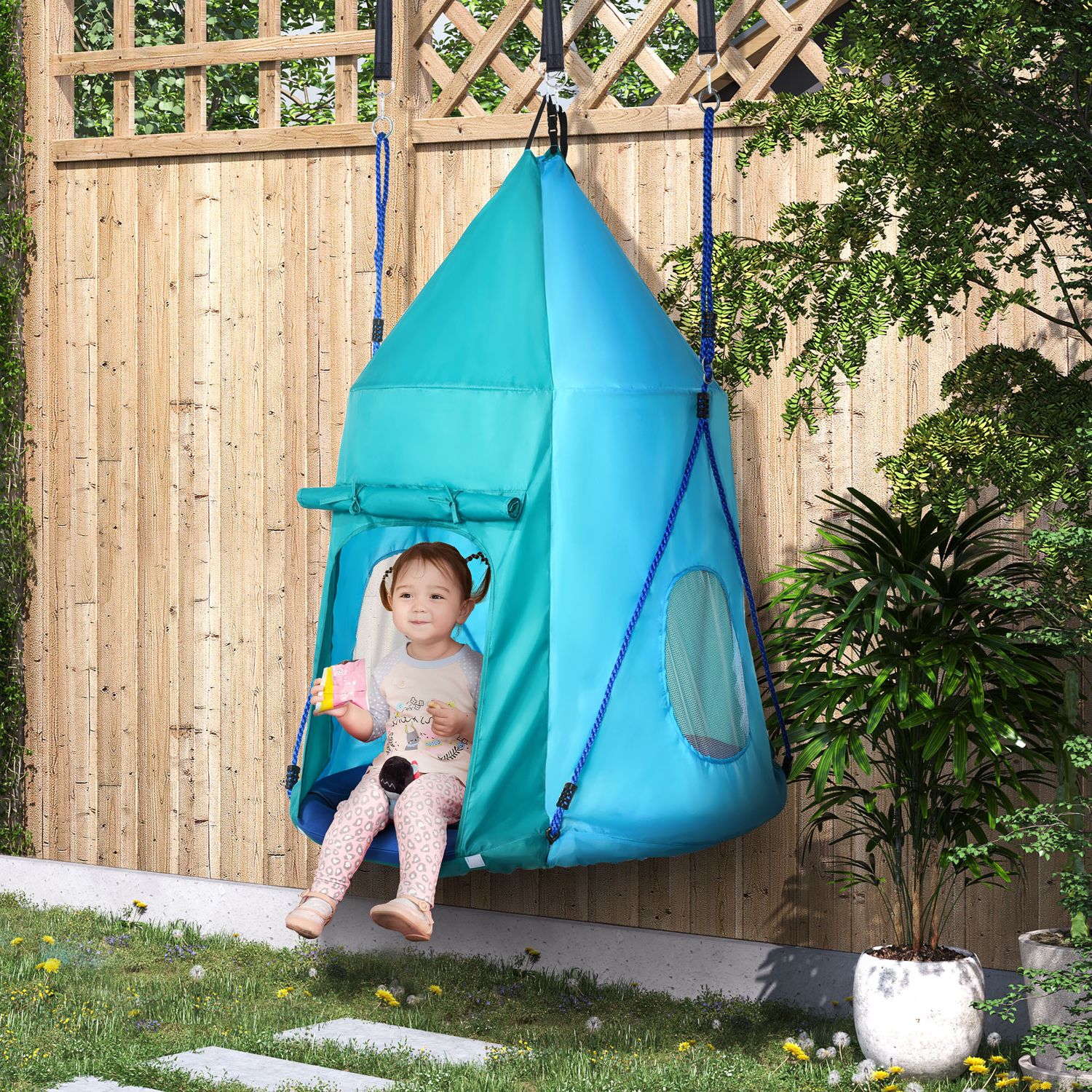 Altalena da giardino con tenda per bambini da 3-8 anni, ø100cm e corde regolabili, blu - 