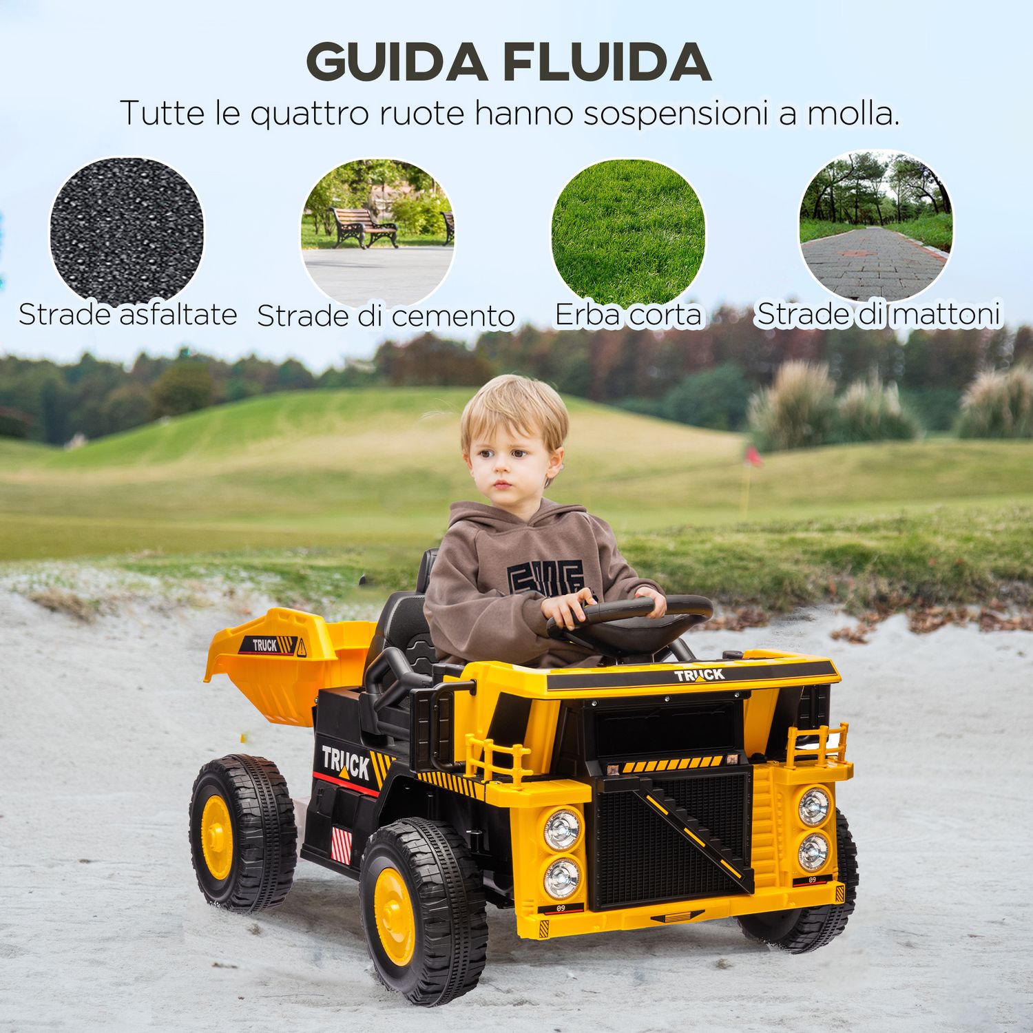 Camion per bambini 3-5 anni con motore 12v, macchina elettrica per bambini con musica e fari, giallo - 