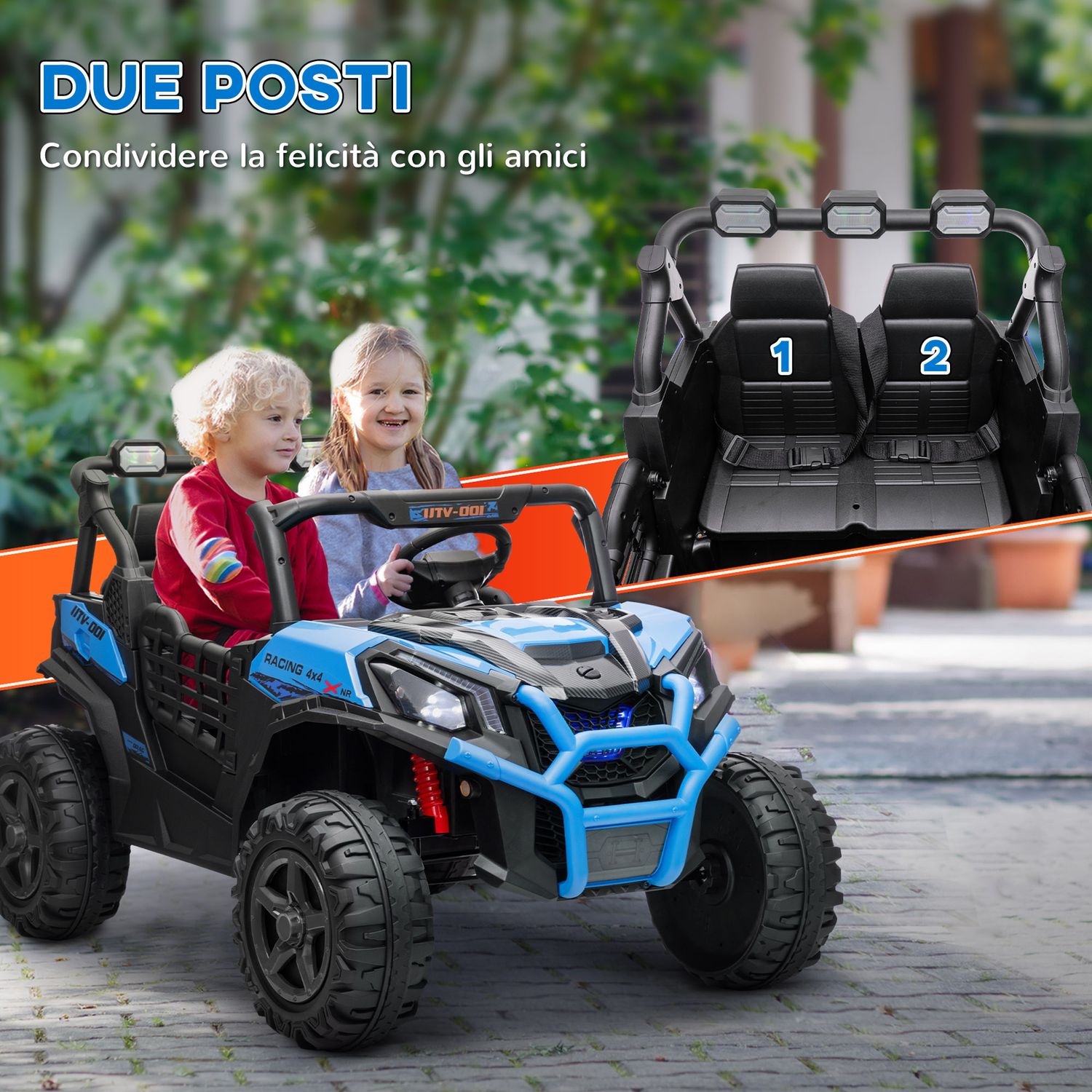 Macchina elettrica per bambini 24v a 2 posti con telecomando e 3 velocità, età 3-8 anni, blu - 