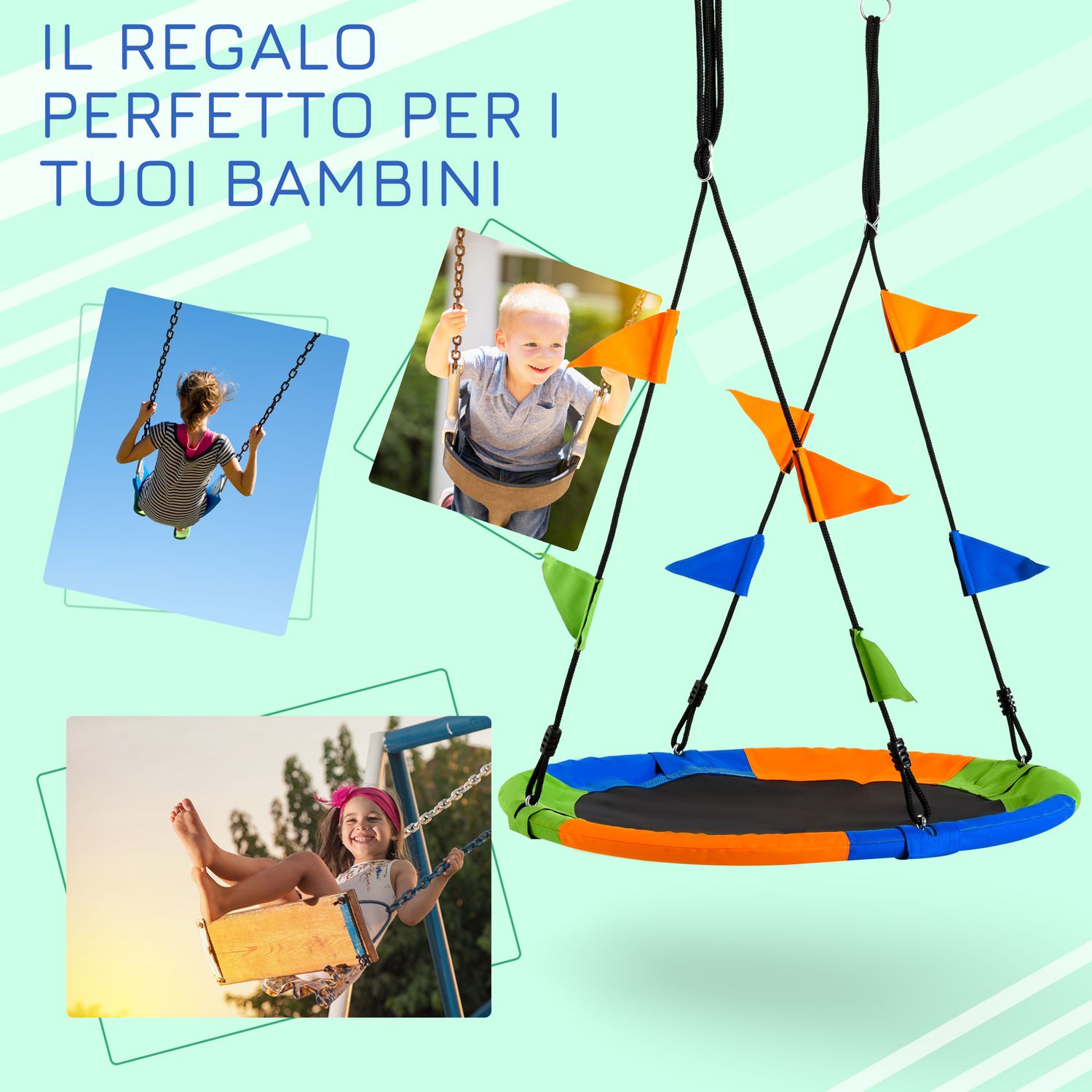 Altalena rotonda a nido per bambini di +3 anni per giardino, esterni, interni, cameretta, multicolor φ100x120-180acm - 