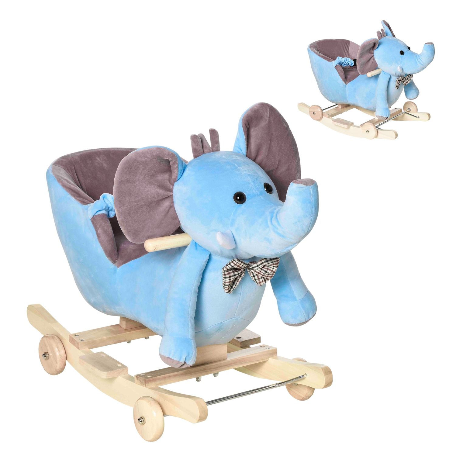 Animale a dondolo a forma di elefante con rotelle e cintura, in peluche, legno e acciaio, 60x35x45 cm, blu - 