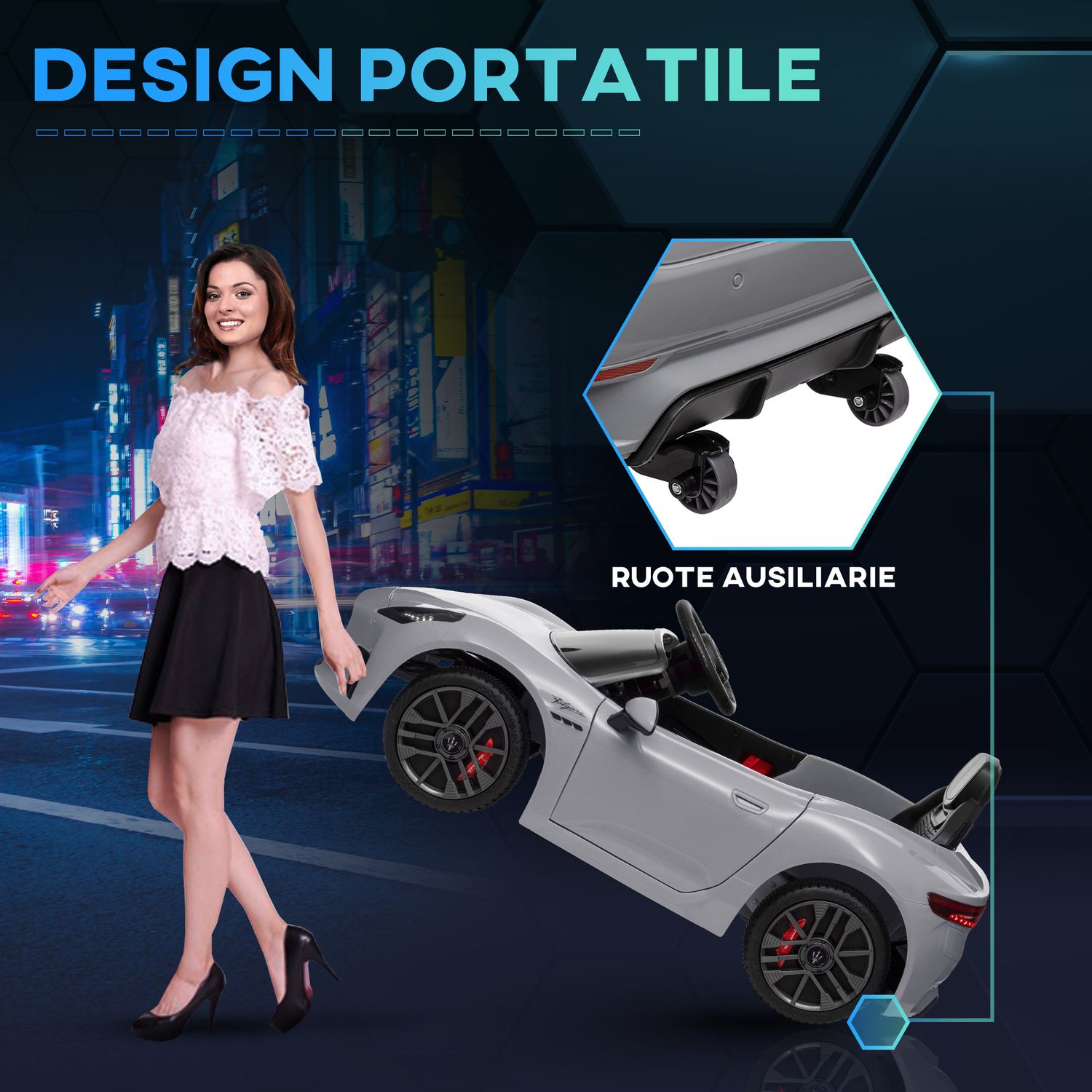 Macchina per bambini 12v maserati gran turismo folgore con telecomando, età 3-5 anni, grigio - 