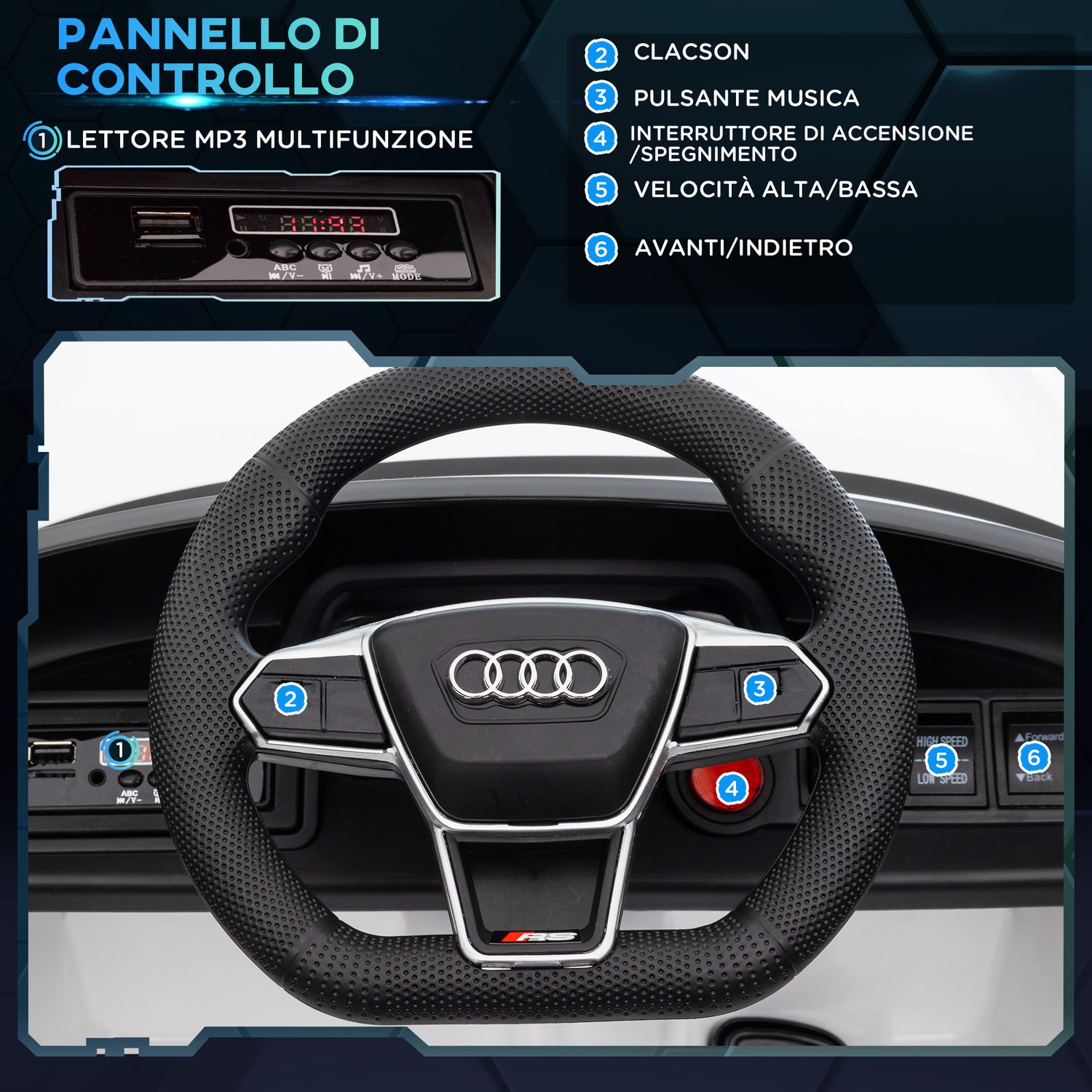 Auto elettrica per bambini 3-5 anni con telecomando, sospensioni e clacson, 103x58x41 cm, bianca e nero - 