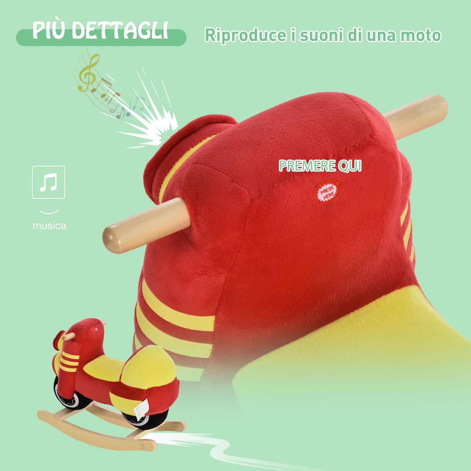 Cavallo a dondolo per bambini 18-36 mesi a forma di moto, per bambini cavalcabile in legno e peluche, suoni realistici, max. 40kg, rosso e giallo - 