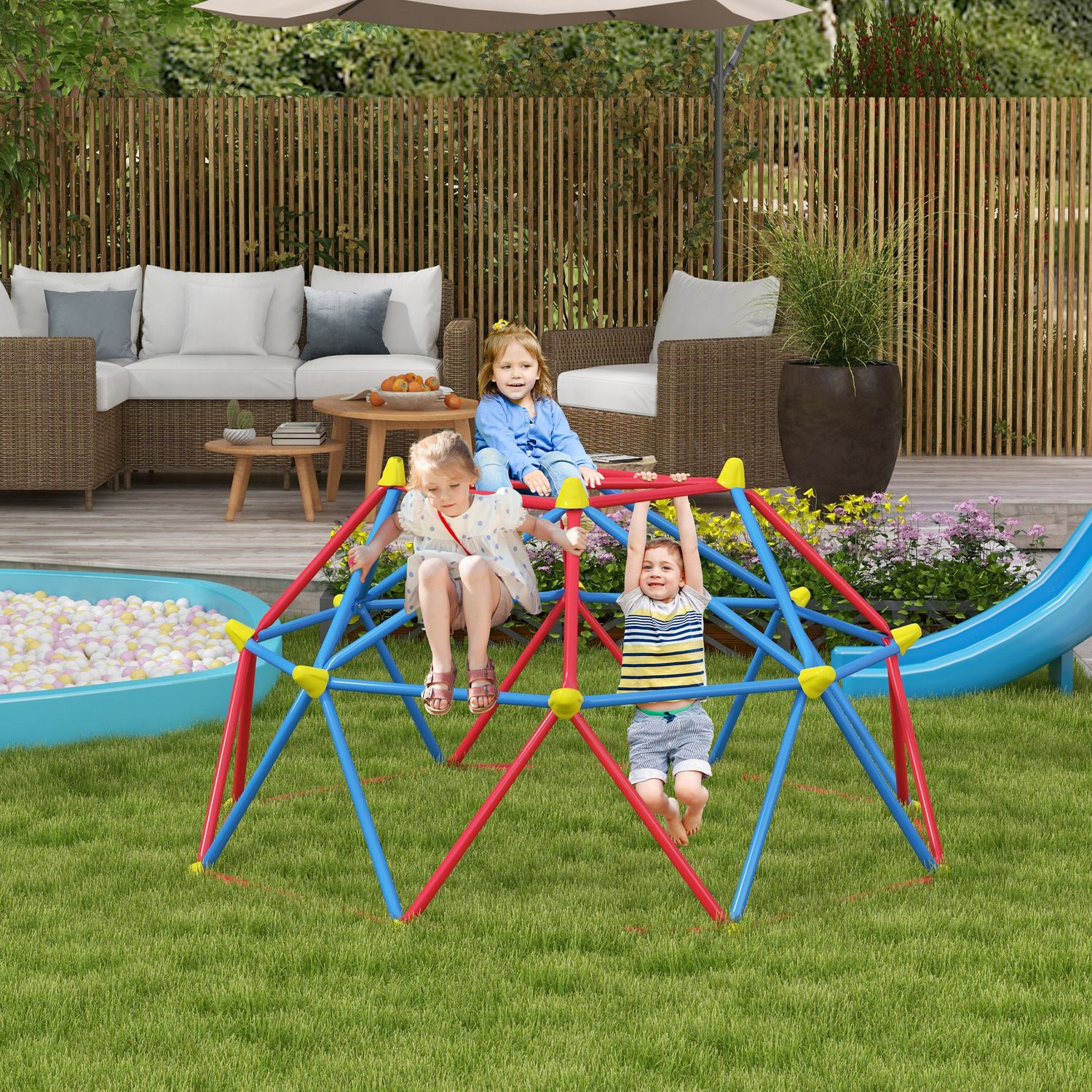 Cupola per arrampicata bambini 3-8 anni, struttura in metallo per 4 bimbi, ø183x90cm, multicolore - 