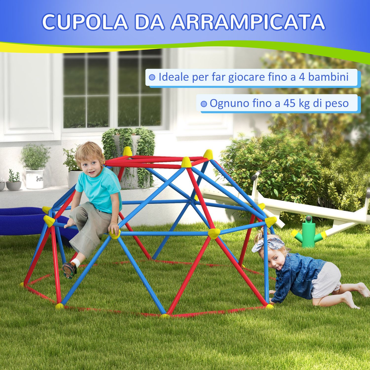 Cupola per arrampicata bambini 3-8 anni, struttura in metallo per 4 bimbi, ø183x90cm, multicolore - 