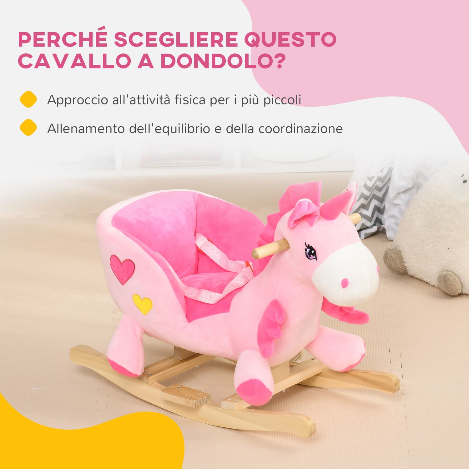 Cavallo a dondolo unicorno con 32 canzoni, base in legno e cintura di sicurezza, età 18-36 mesi, rosa - 
