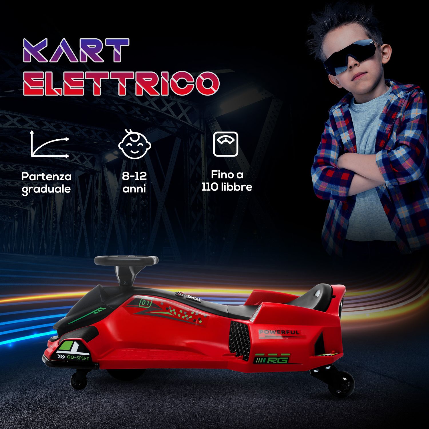 Go kart elettrico per bambini 8-12 anni velocità 3-8 km/h per drifting con luci e musica, rosso - 