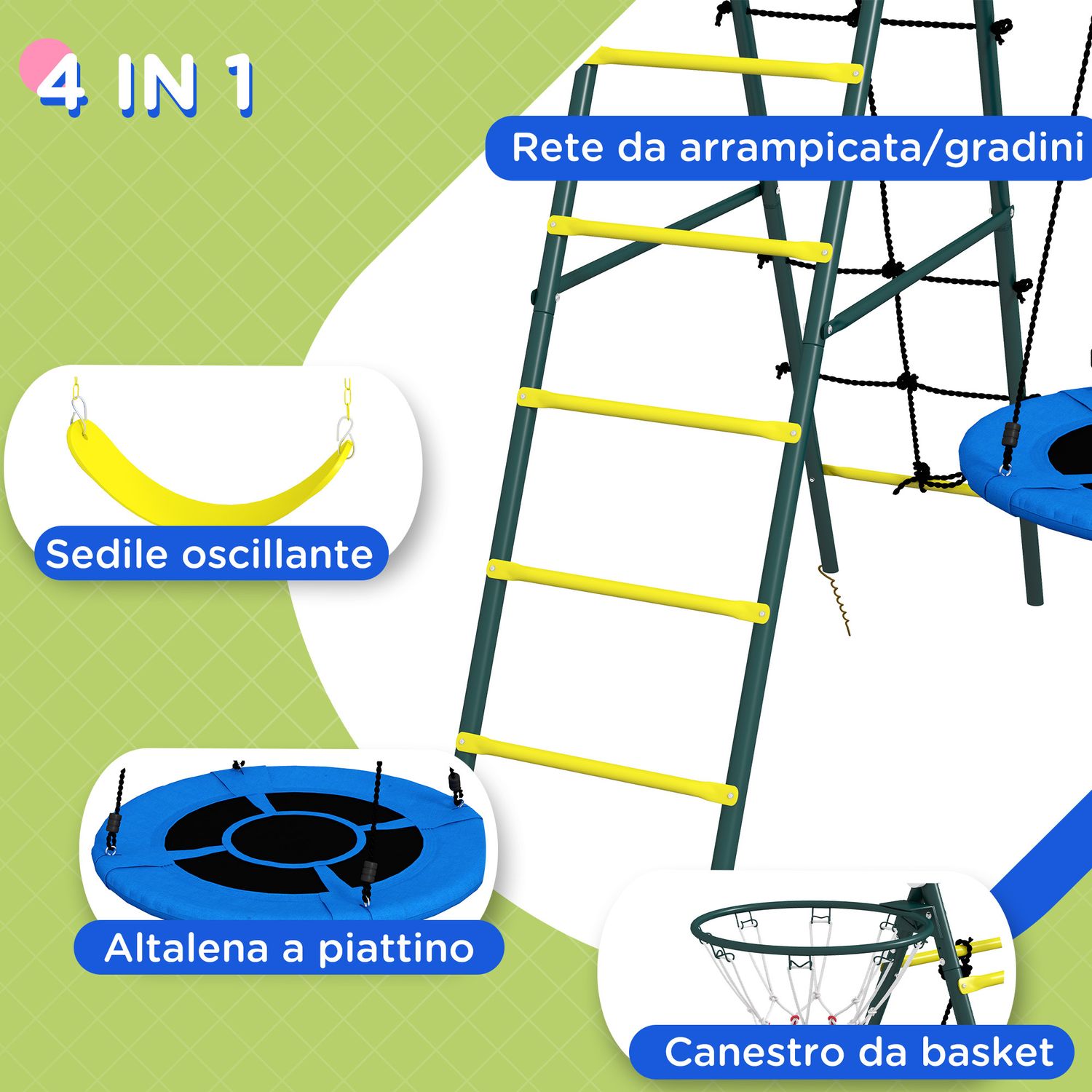Set altalene da giardino rotonda e classica, scalette in acciaio e corda e canestro per bambini 3-8 anni - 