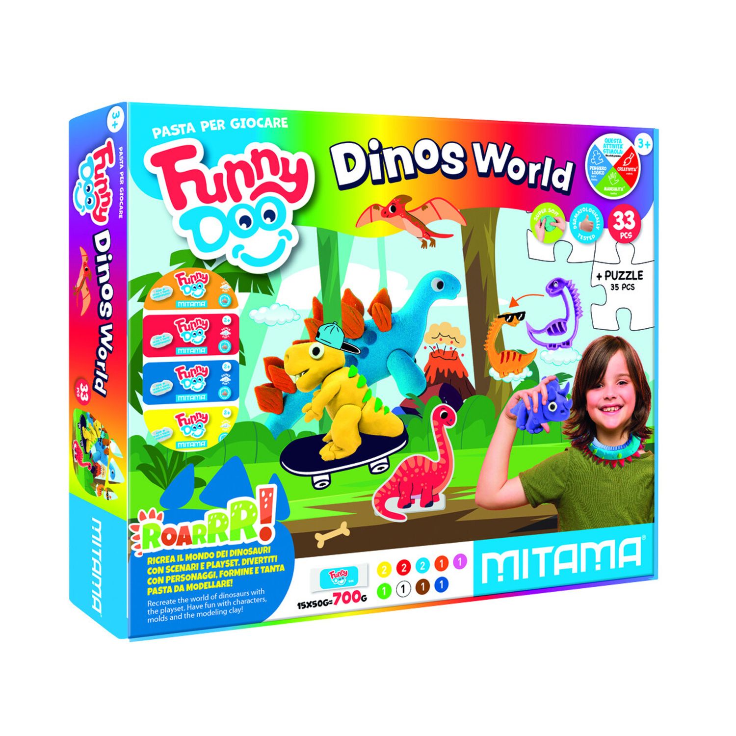 Pasta modellare. mitama "dinos world" super dought in scatola 33 pezzi funny doo - MITAMA