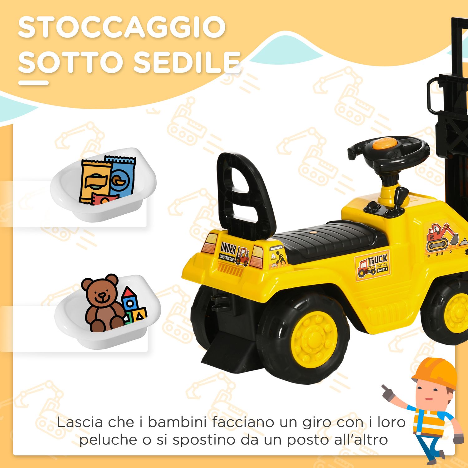 Trattore a pedali per bambini 3-4 anni con muletto e spazio portaoggetti, 86x27.5x47.5 cm, giallo e nero - 