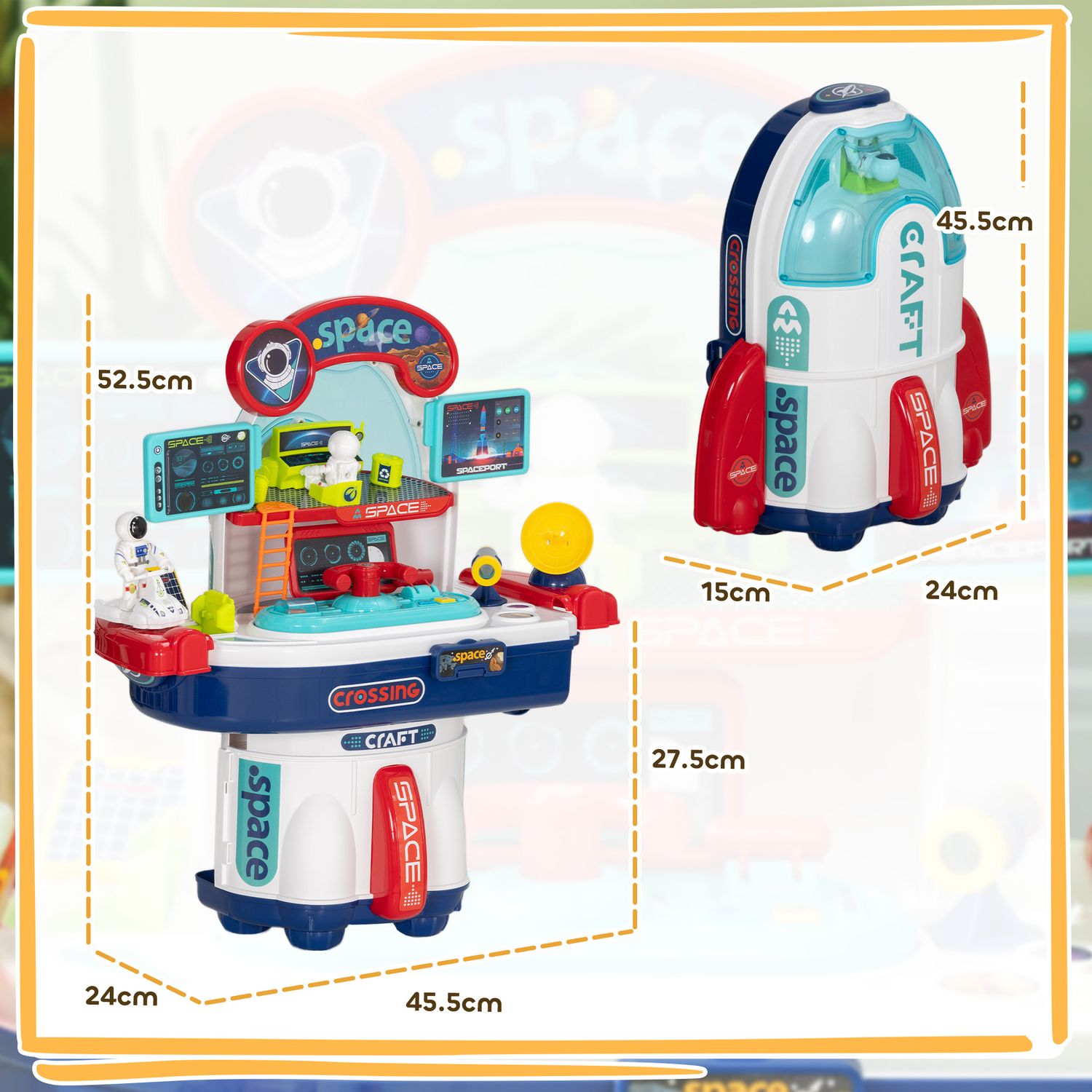 Banco da lavoro giocattolo da 21 pezzi a tema spaziale con suoni e luci, in pp e gpps, 45.5x24x52.5 cm - 