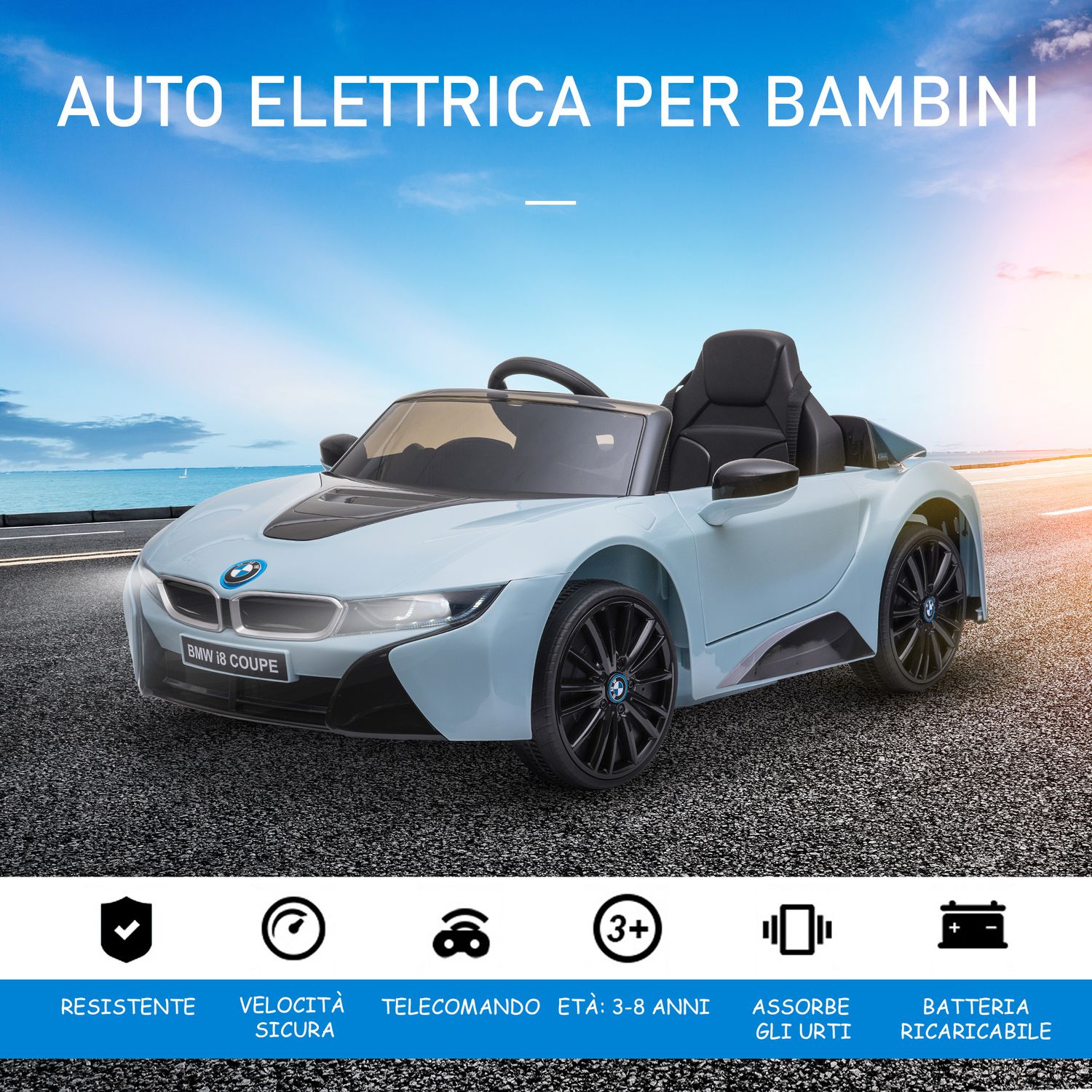 Macchina elettrica per bambini 3-8 anni licenza bmw i8 coupé con telecomando e 2 porte, 115x72.5x46 cm, blu - 