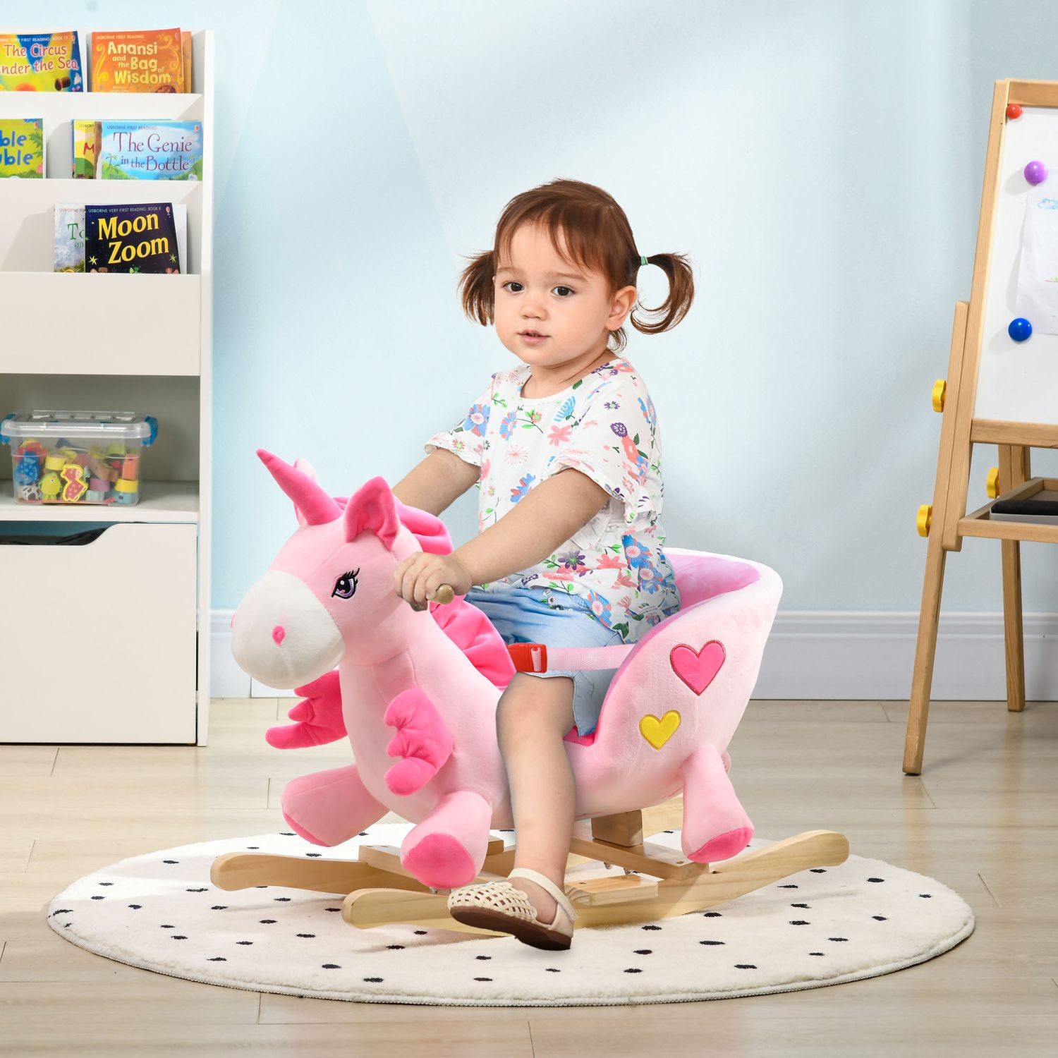 Cavallo a dondolo unicorno con 32 canzoni, base in legno e cintura di sicurezza, età 18-36 mesi, rosa - 