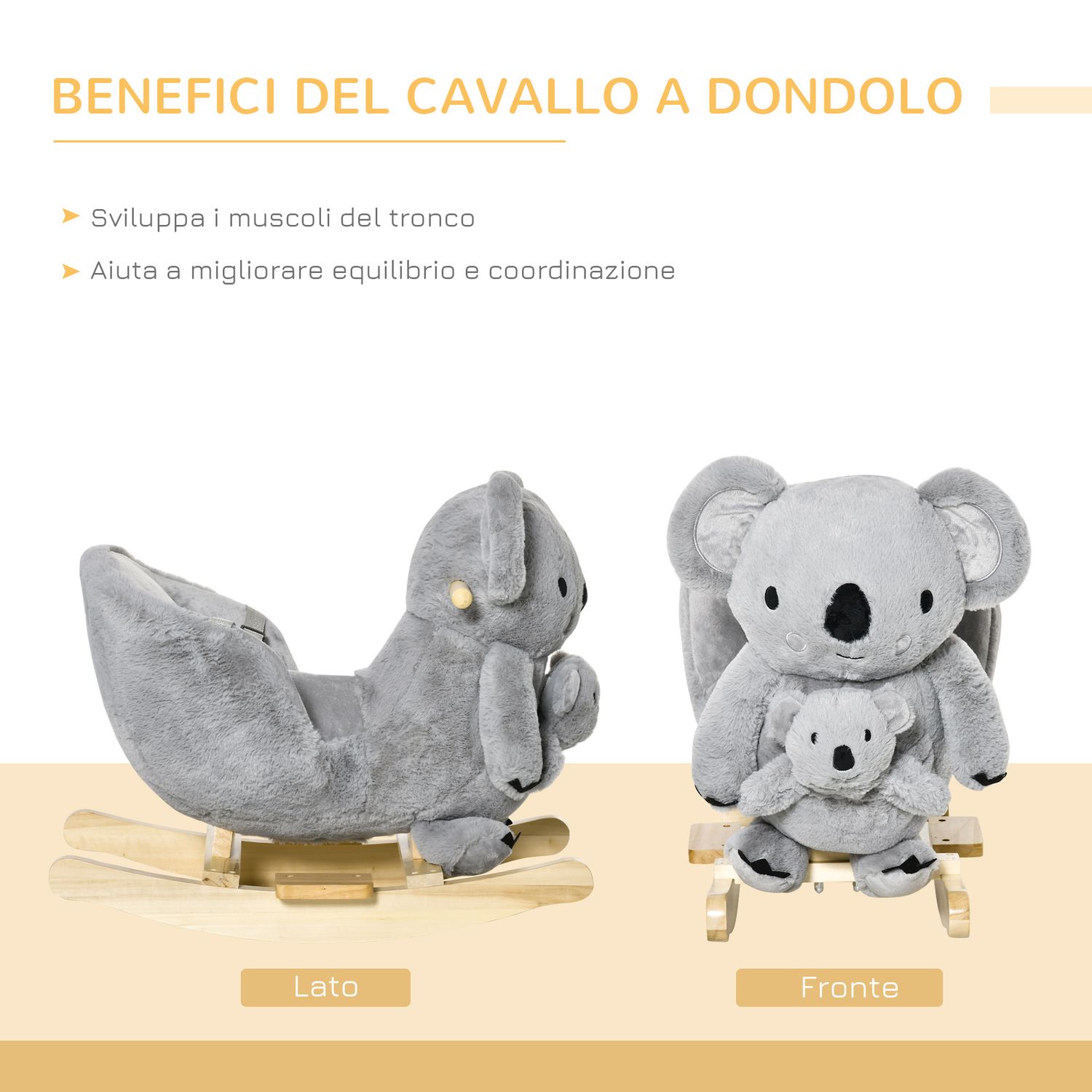 Cavallo a dondolo koala in peluche imbottita con suoni, cintura di sicurezza e base in legno, 60x33x50cm, grigio - 