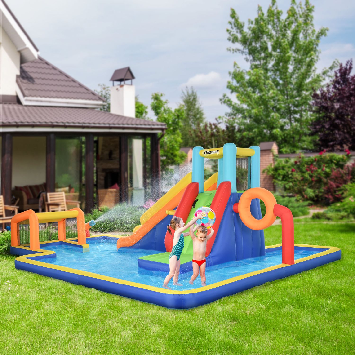 Castello gonfiabile per bambini 3-8 anni con scivolo, parete, porta e canestro, in tessuto oxford, 590x460x220 cm - 