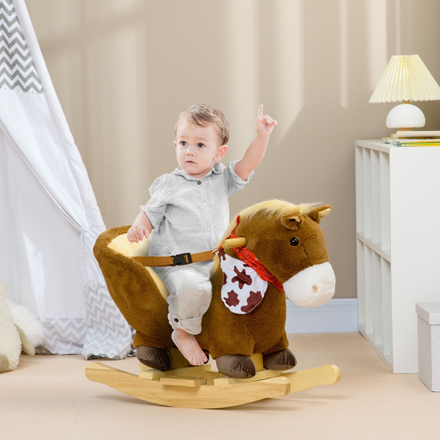 Cavallo a dondolo per bambini da 18-36 mesi con suoni realistici, 60x33x50 cm, marrone e color legno - 