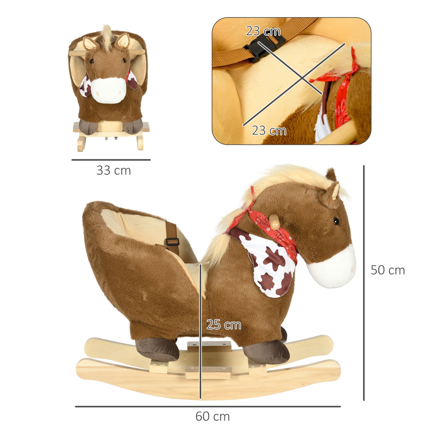 Cavallo a dondolo per bambini da 18-36 mesi con suoni realistici, 60x33x50 cm, marrone e color legno - 
