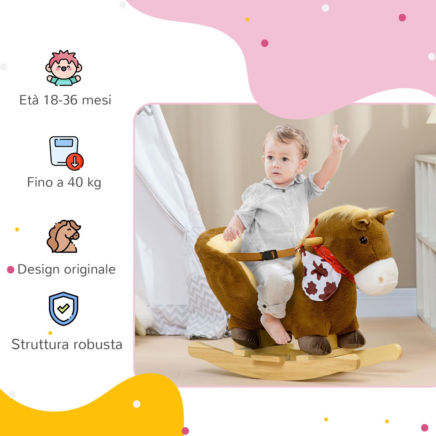 Cavallo a dondolo per bambini da 18-36 mesi con suoni realistici, 60x33x50 cm, marrone e color legno - 