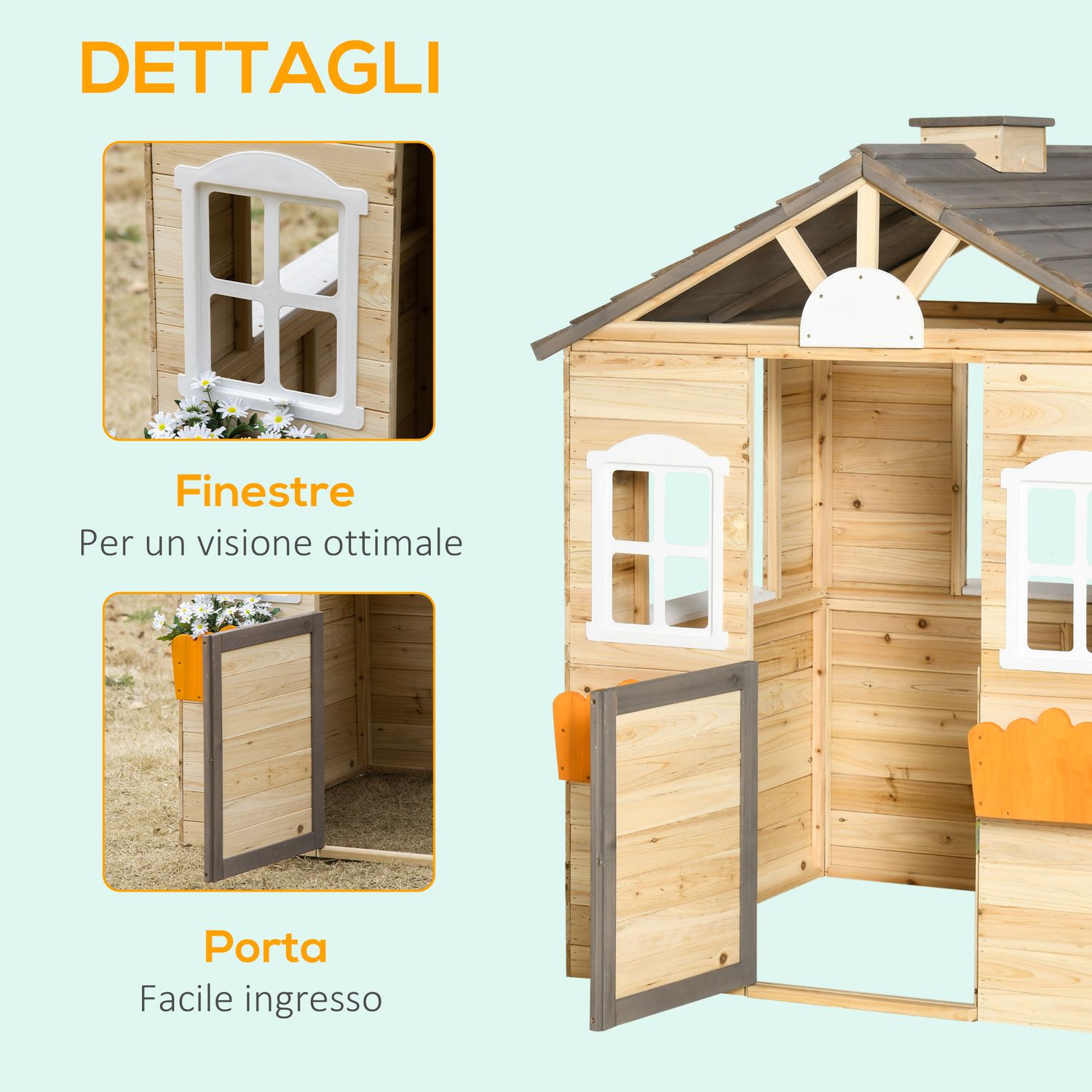 Casetta bimbi 3-7 anni a 2 finestre con portavasi e panchina, in legno di abete e pp, 113lx94x134.5 cm - 