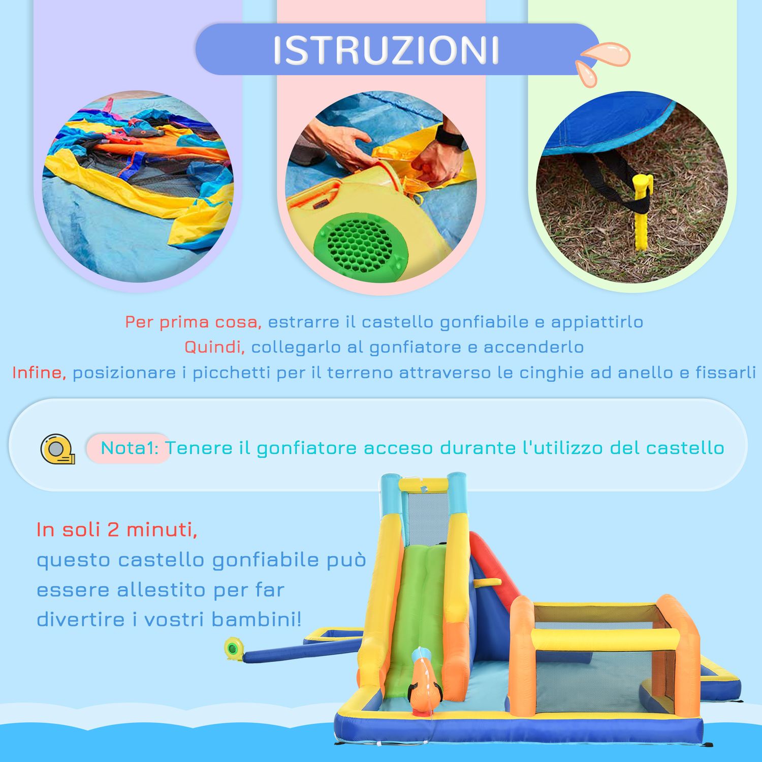 Castello gonfiabile per bambini 3-8 anni con scivolo, parete, porta e canestro, in tessuto oxford, 590x460x220 cm - 
