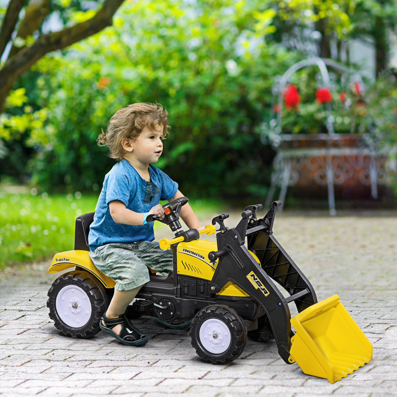 Escavatore a pedali per bambini da 3 anni con ruspa frontale e volante, giallo - 
