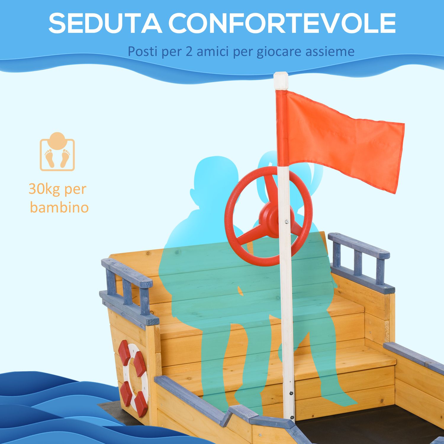 Sabbiera per bambini in legno a forma di nave dei pirati con vano contenitore, 158x78x45.5 cm - 