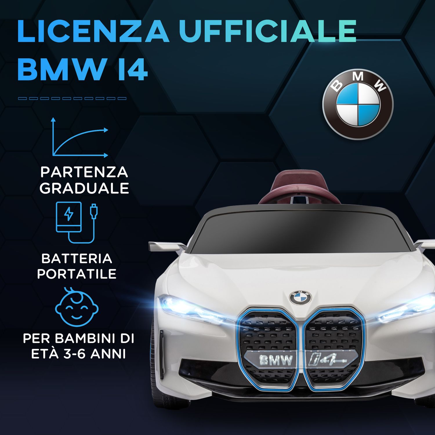 Macchina elettrica per bambini 3-6 anni con licenza bmw con telecomando, clacson e fari, 115x67x45 cm, bianca - 