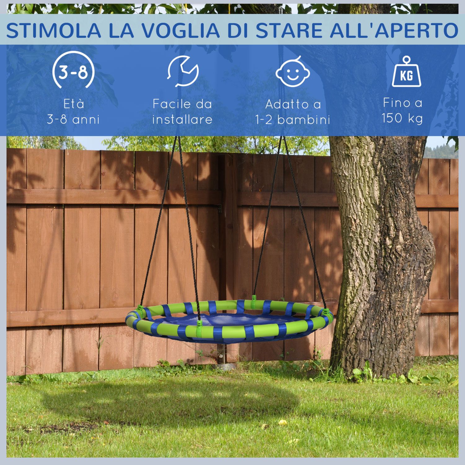 Altalena per bambini da 3-8 anni da giardino ø100cm e corde regolabili, blu - 