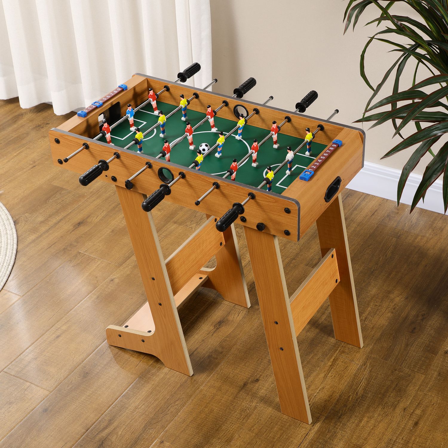 Calcio balilla pieghevole in legno con 6 aste, 18 giocatori e segnapunti, 69x37x70cm - 