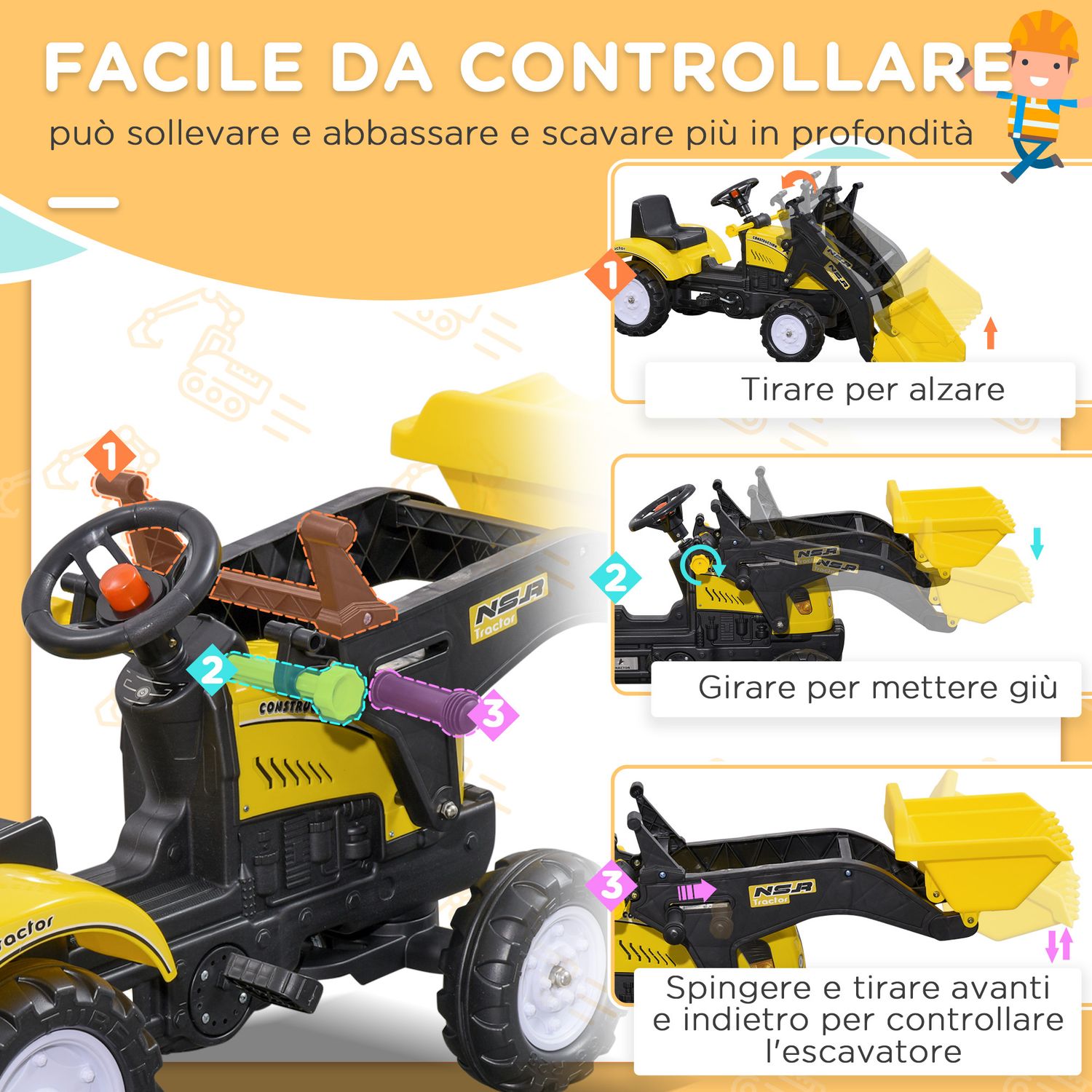 Escavatore a pedali per bambini da 3 anni con ruspa frontale e volante, giallo - 