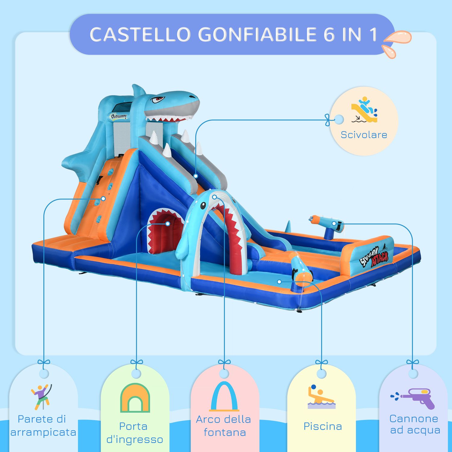 Castello gonfiabile per bambini 3-8 anni con gonfiatore, scivolo, piscina e parete da arrampicata - 