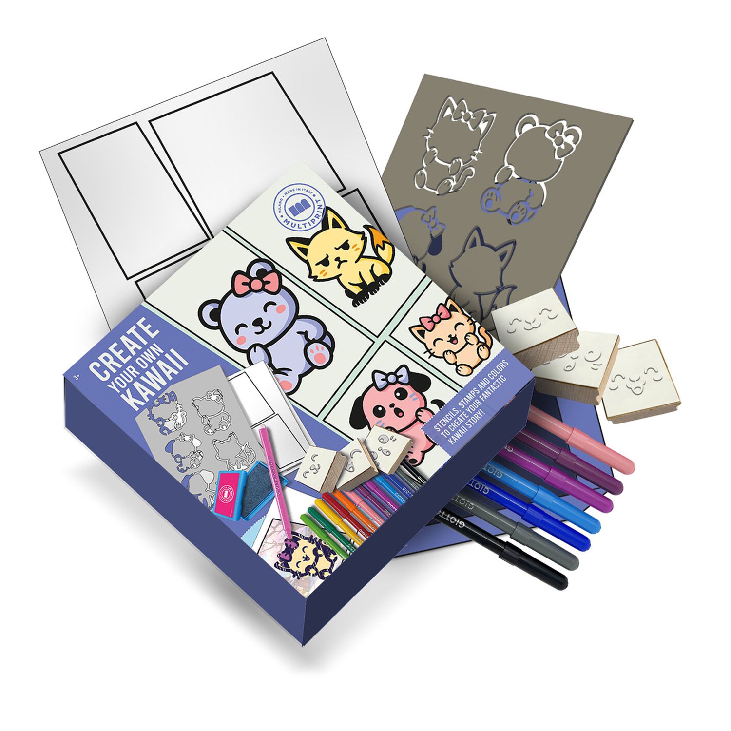 Create your own kawaii, kit creativo con timbri, stencil e pennarelli - 