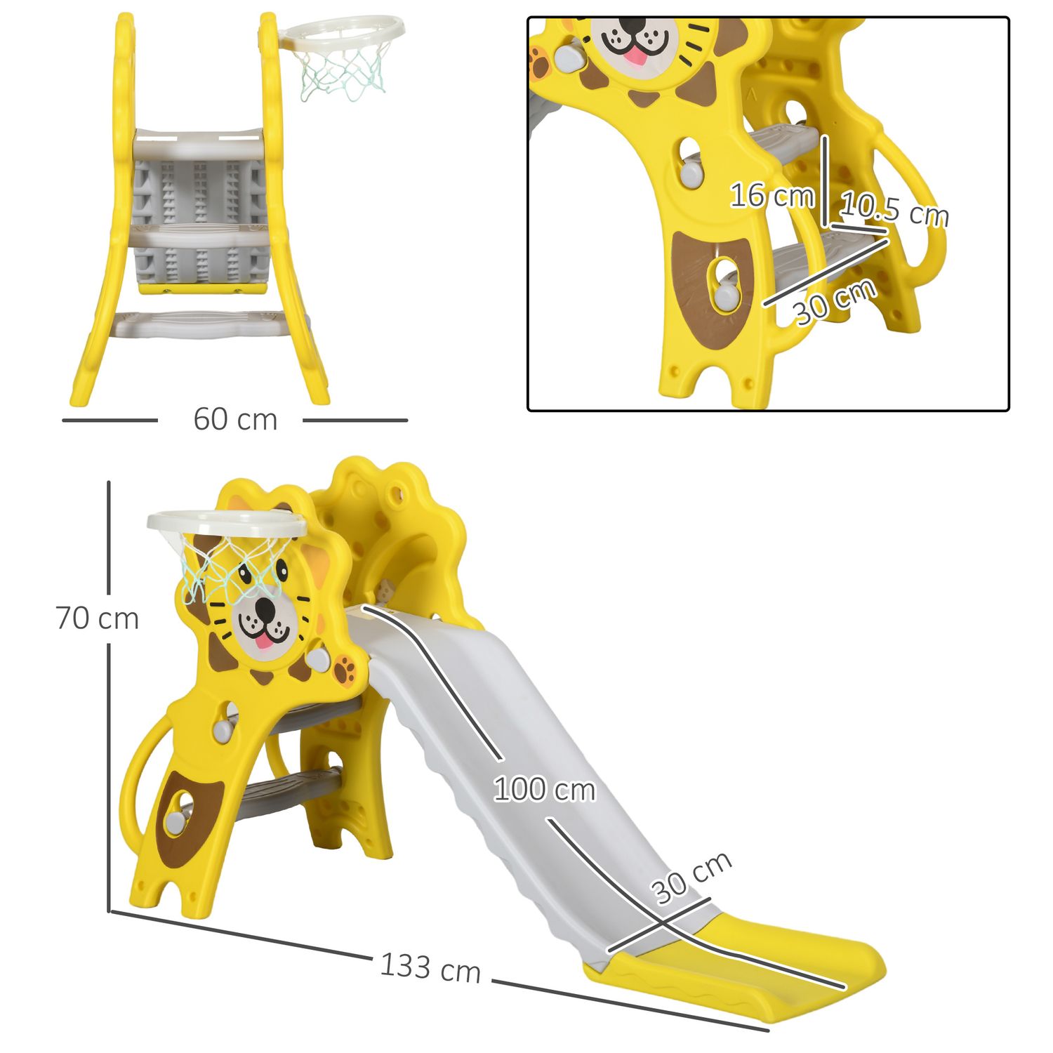 Scivolo per bambini 18-36 mesi con canestro da basket laterale in pe, 131x50x74 cm, giallo e grigio - 