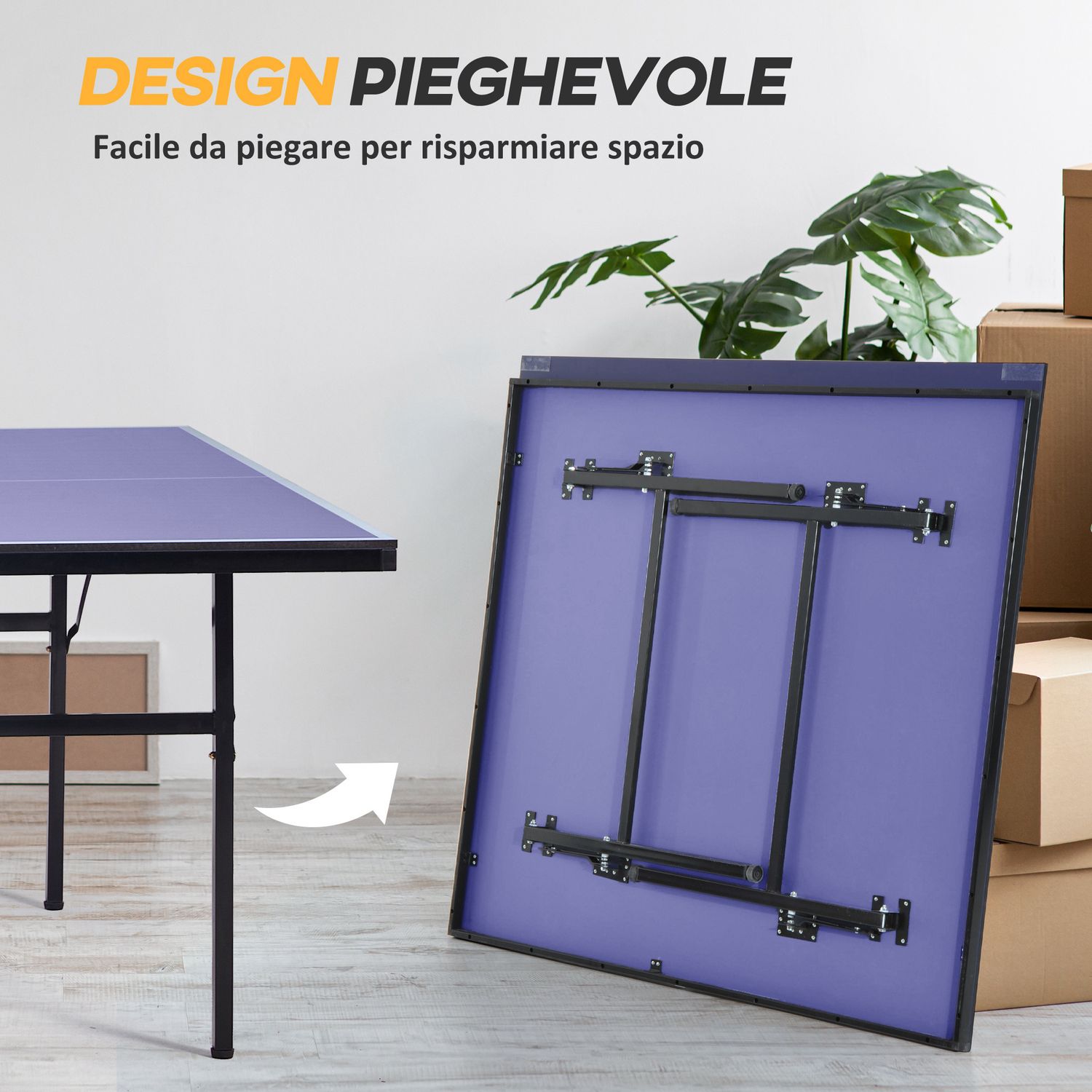 Tavolo da ping pong pieghevole per interni in mdf e acciaio, 152.5 x 274 x 76 cm, blu e viola - 