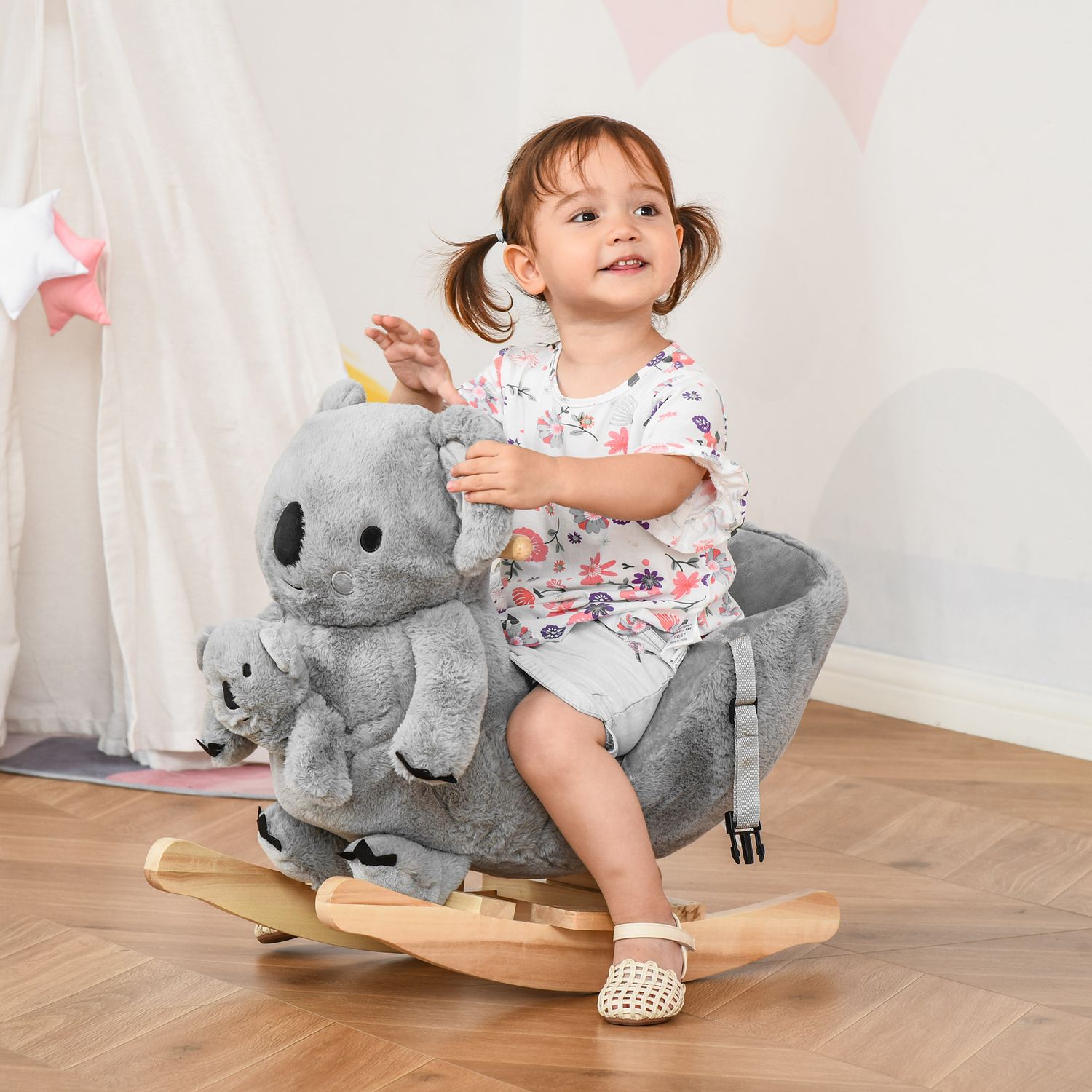 Cavallo a dondolo koala in peluche imbottita con suoni, cintura di sicurezza e base in legno, 60x33x50cm, grigio - 