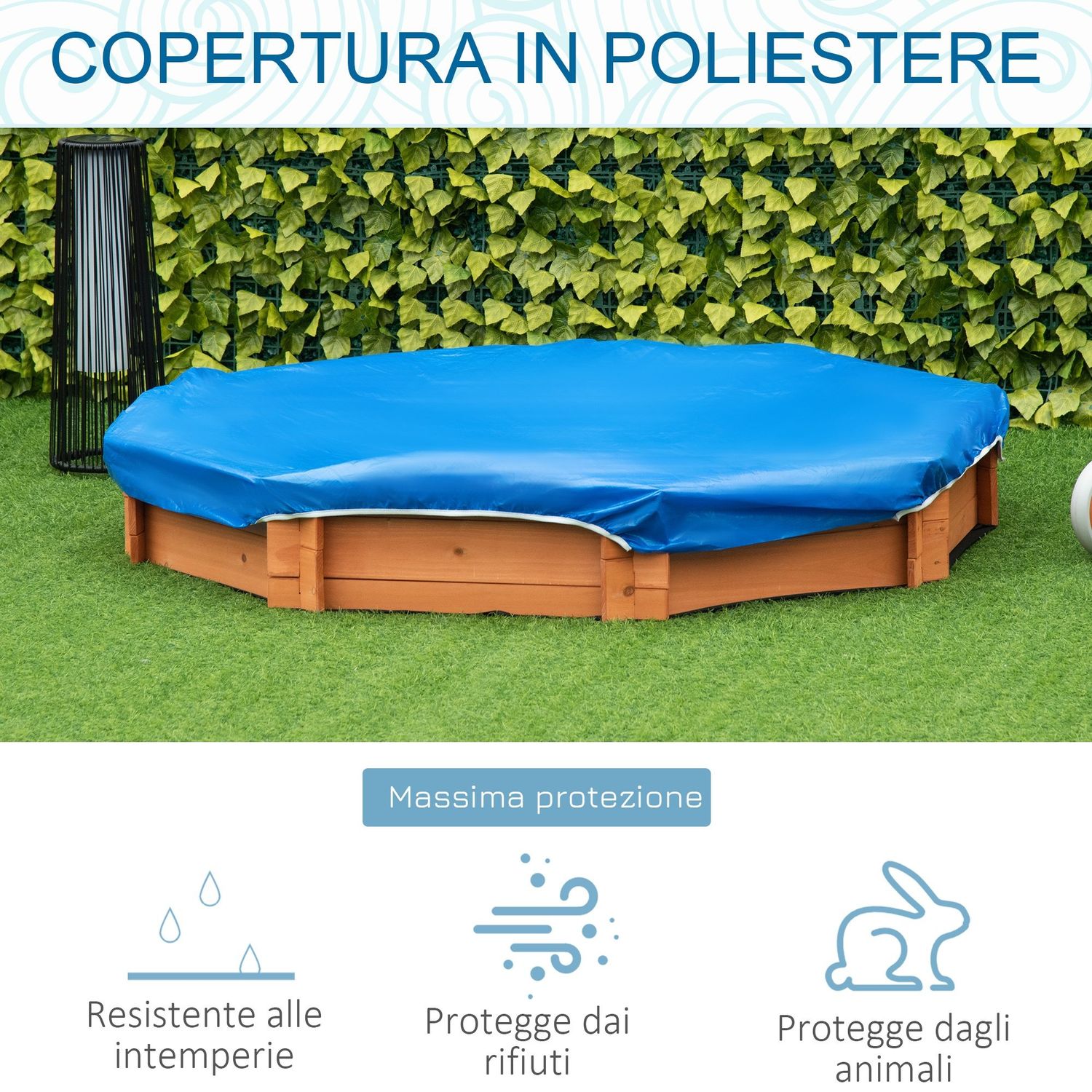 Sabbiera per bambini in legno con sedili e copertura, età 3-8 anni, 139.5x139.5x21.5cm - 