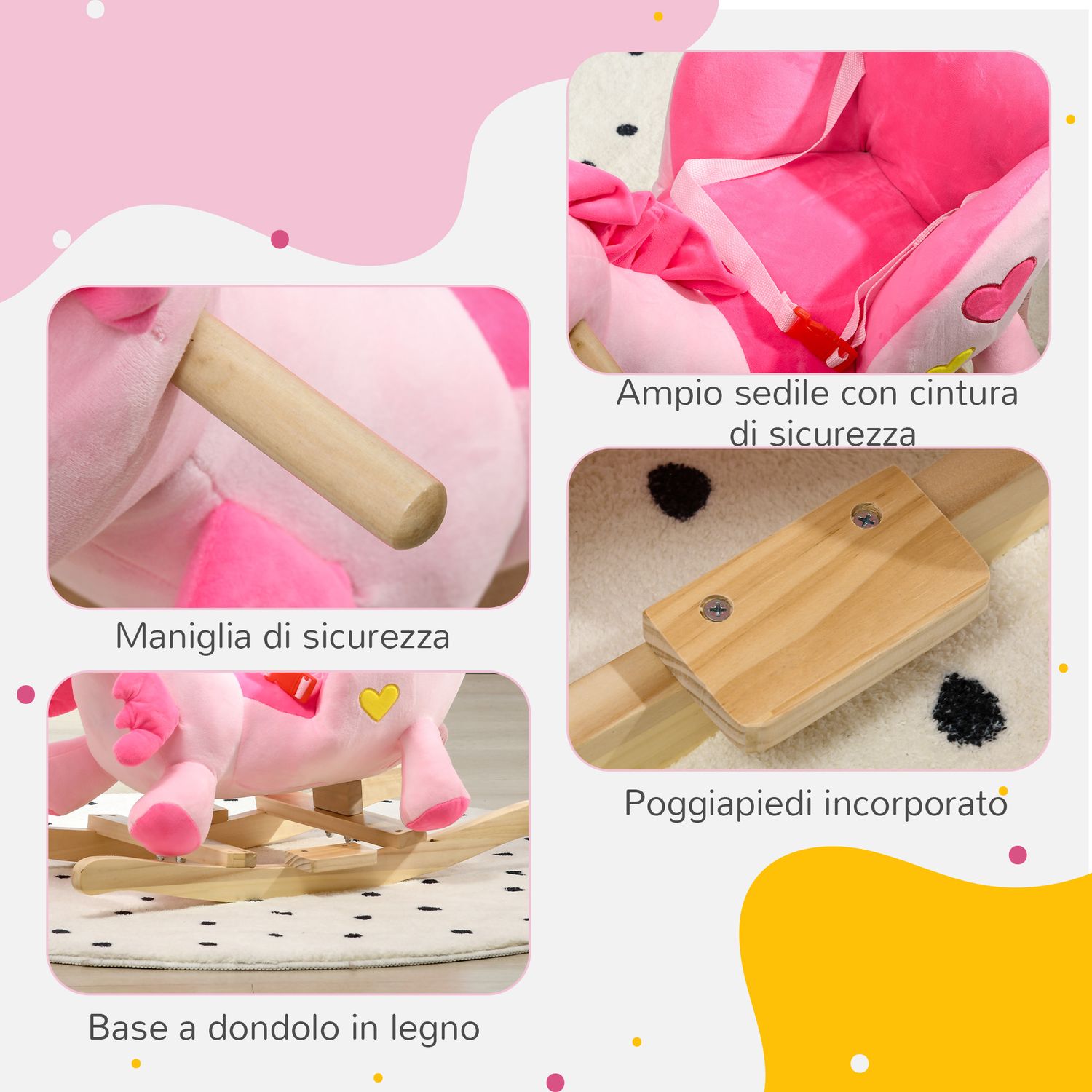 Cavallo a dondolo unicorno con 32 canzoni, base in legno e cintura di sicurezza, età 18-36 mesi, rosa - 