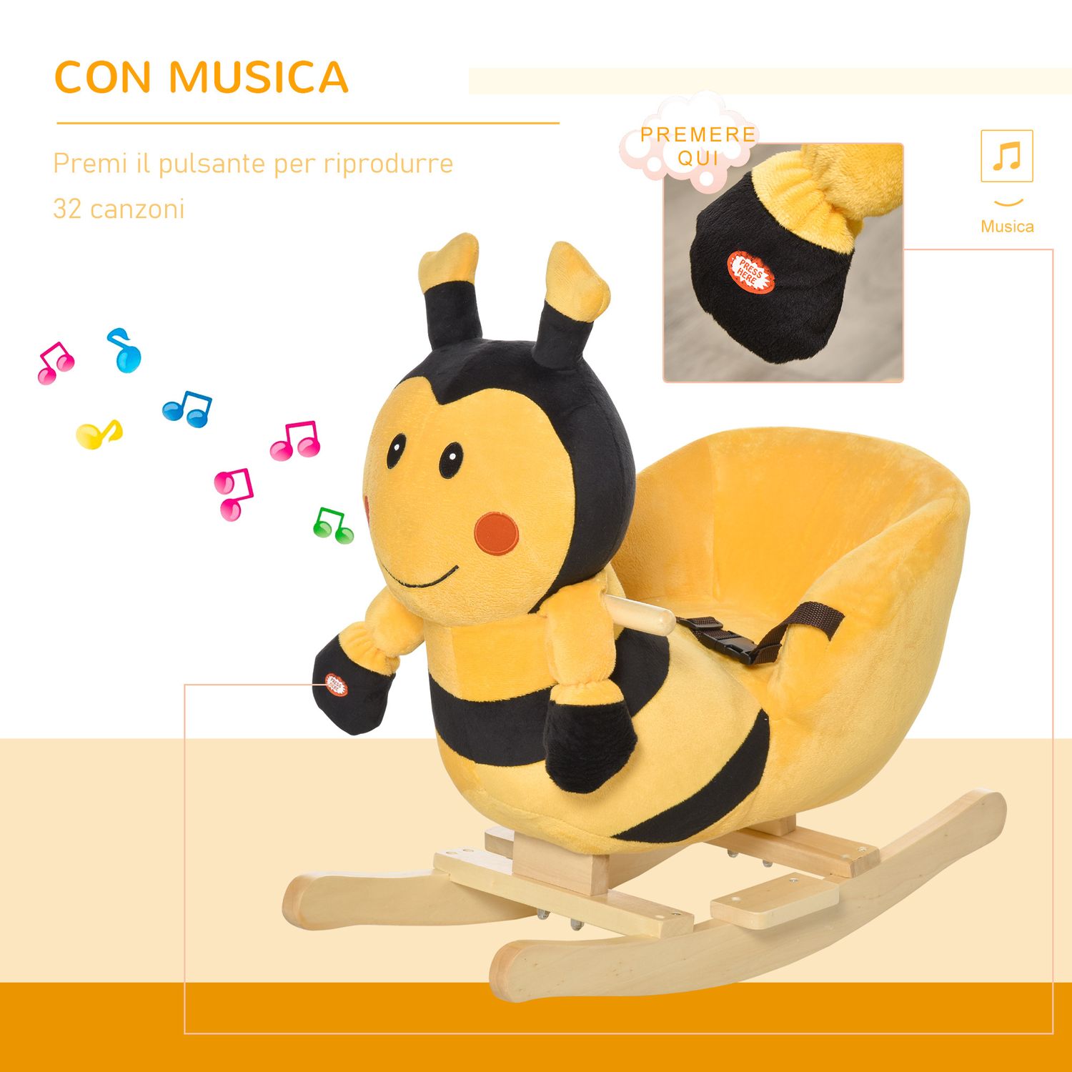 Animale a dondolo per bambini a forma di ape in legno di pioppo con musica, 60x33x45 cm, giallo e nero - 